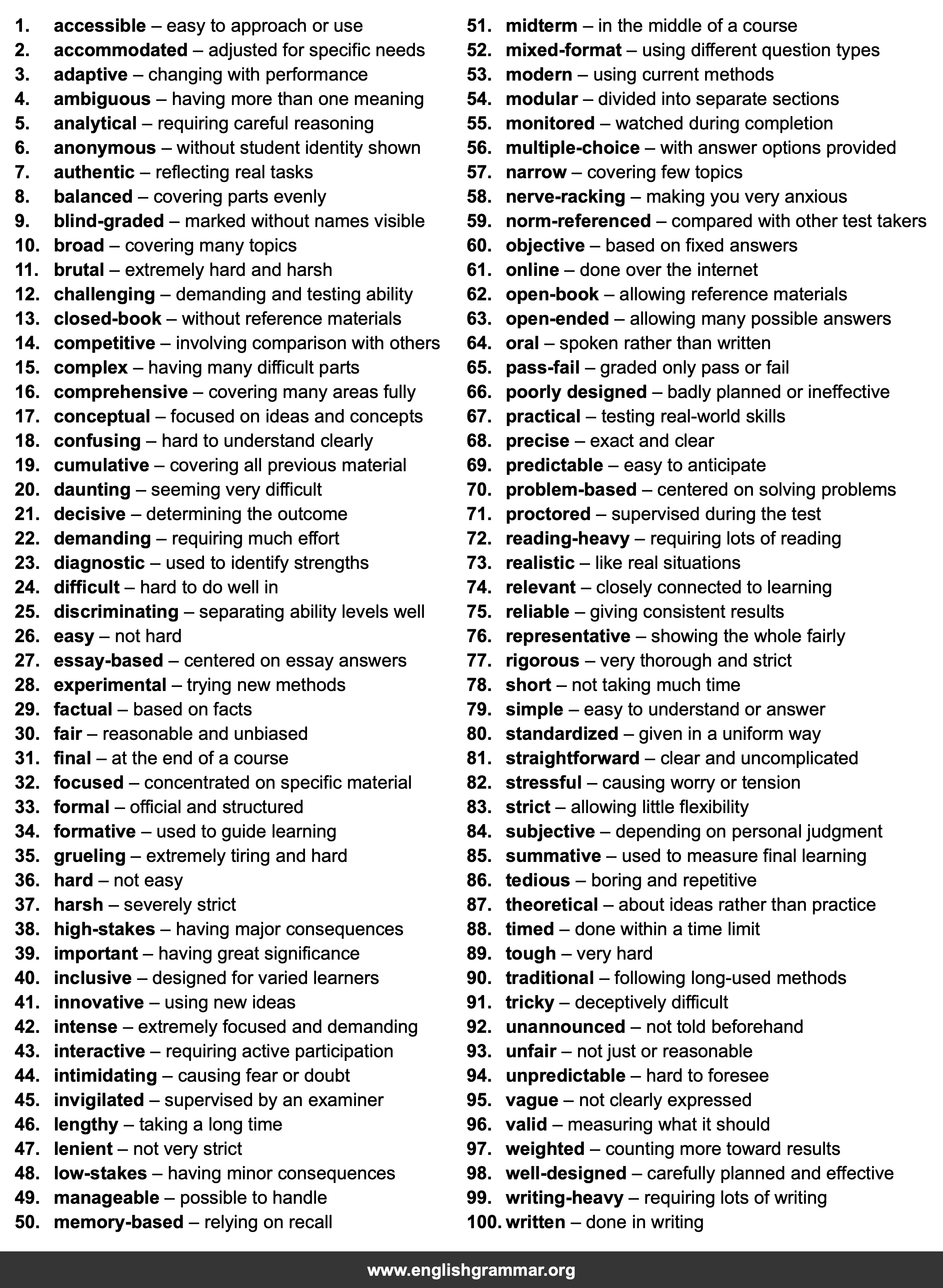100 Words to Describe Exams