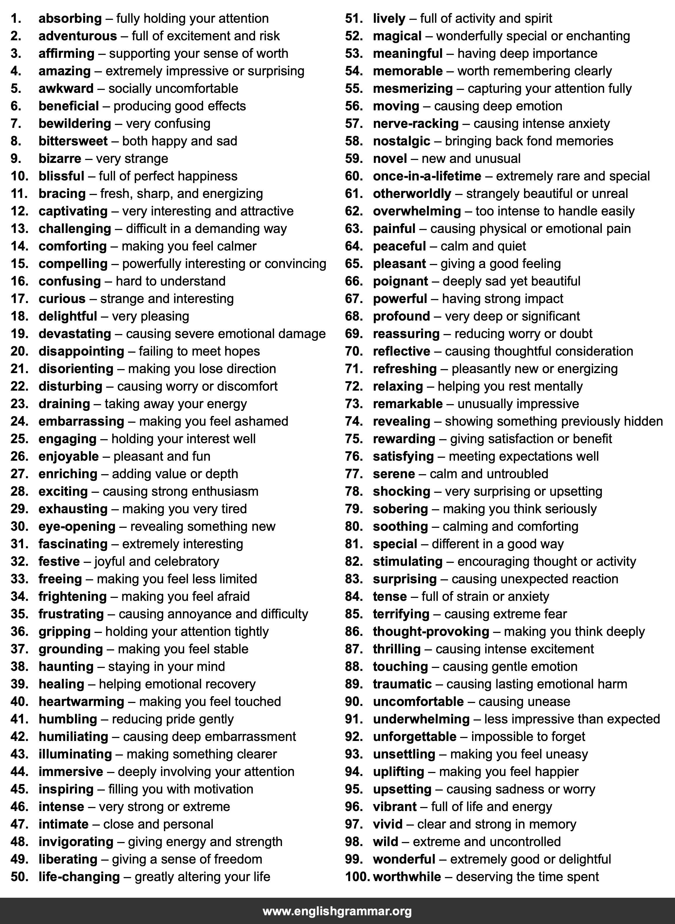 100 Words to Describe Experiences