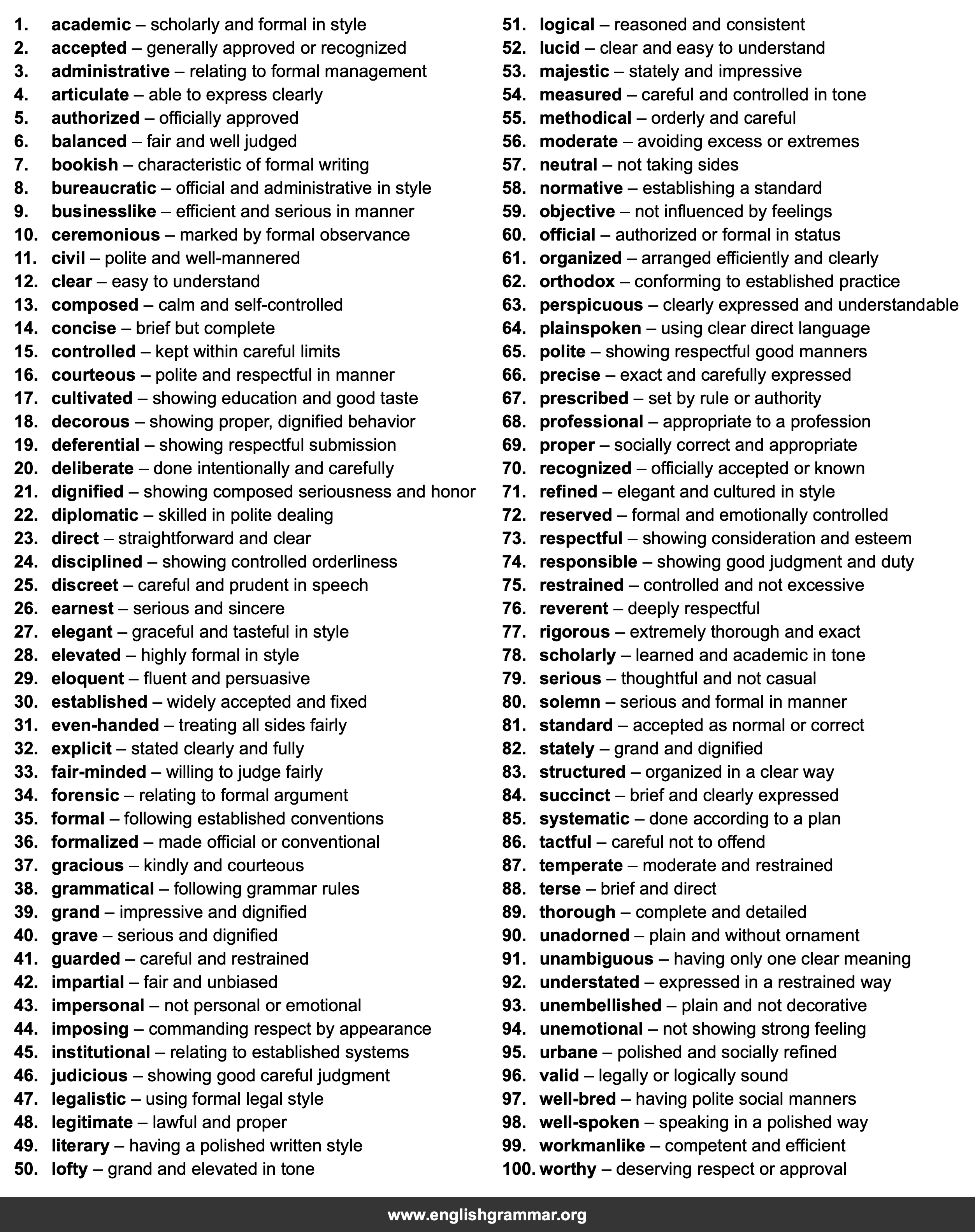 100 Words to Describe Formal English