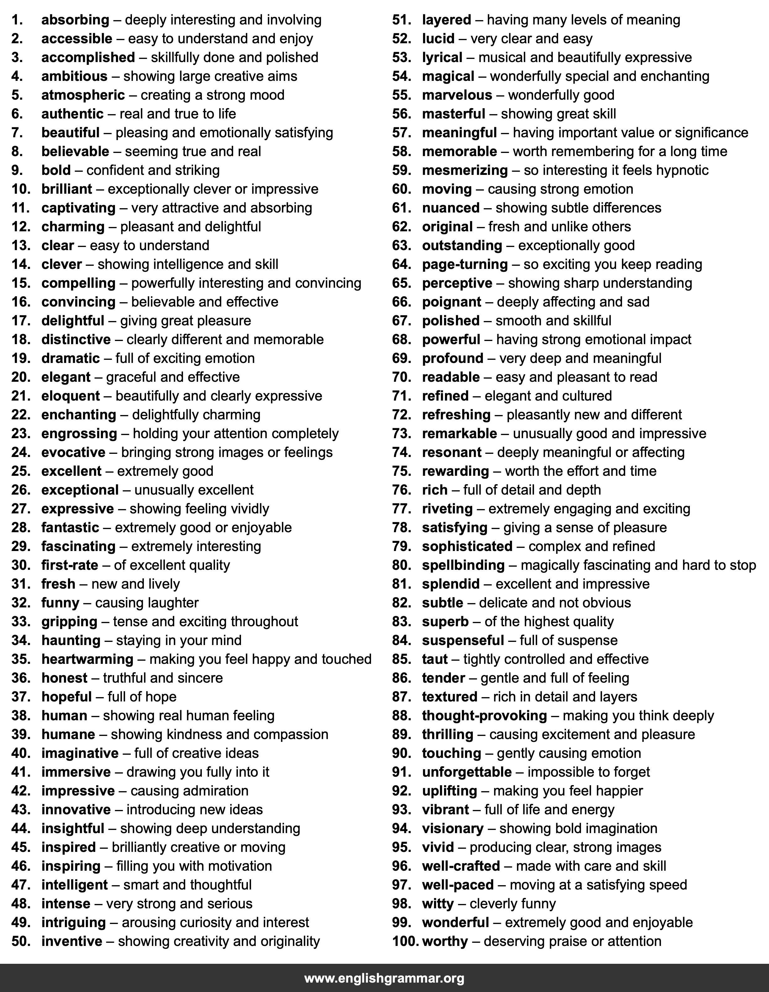 100 Words to Describe a Good Book