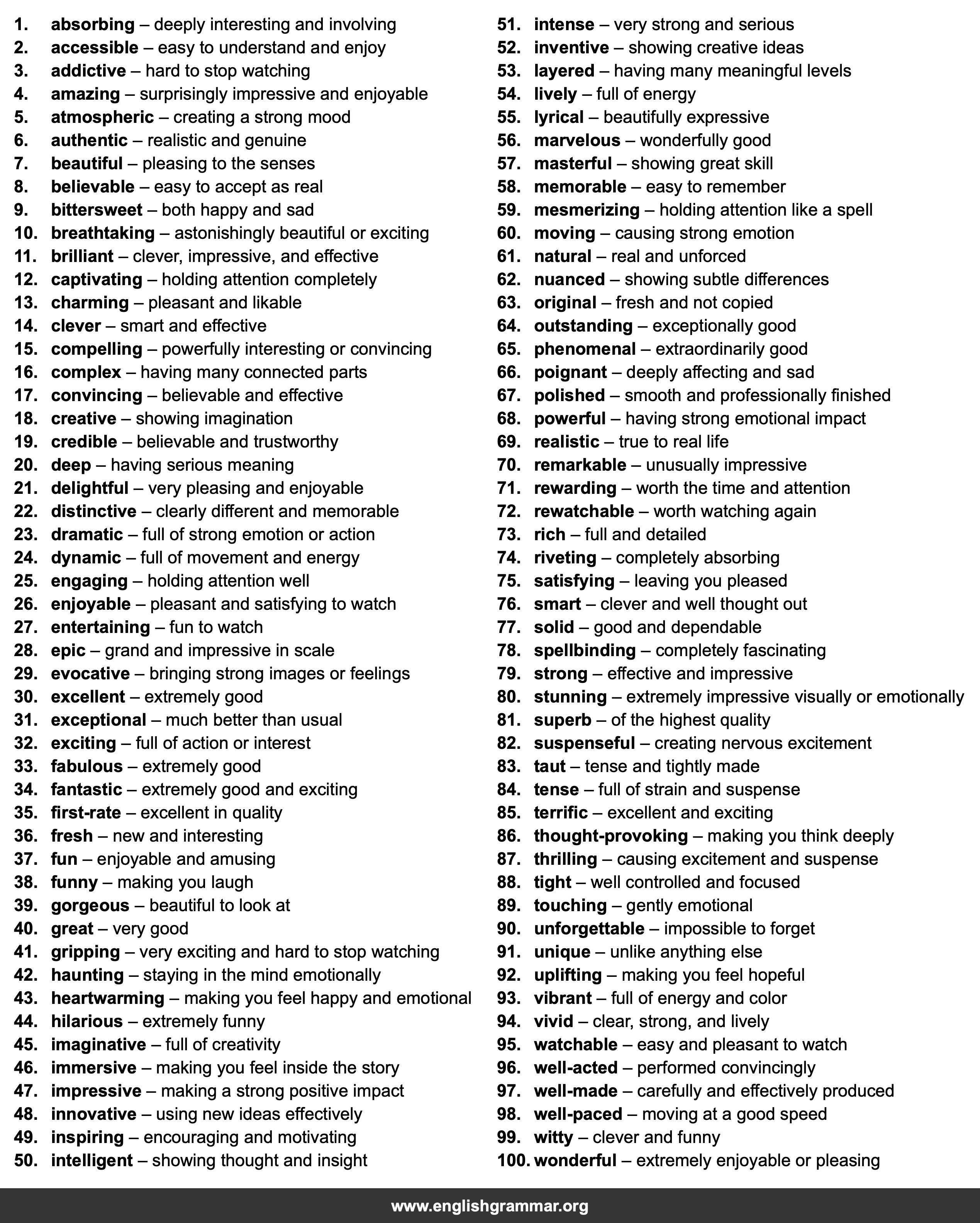 100 Words to Describe a Good Movie