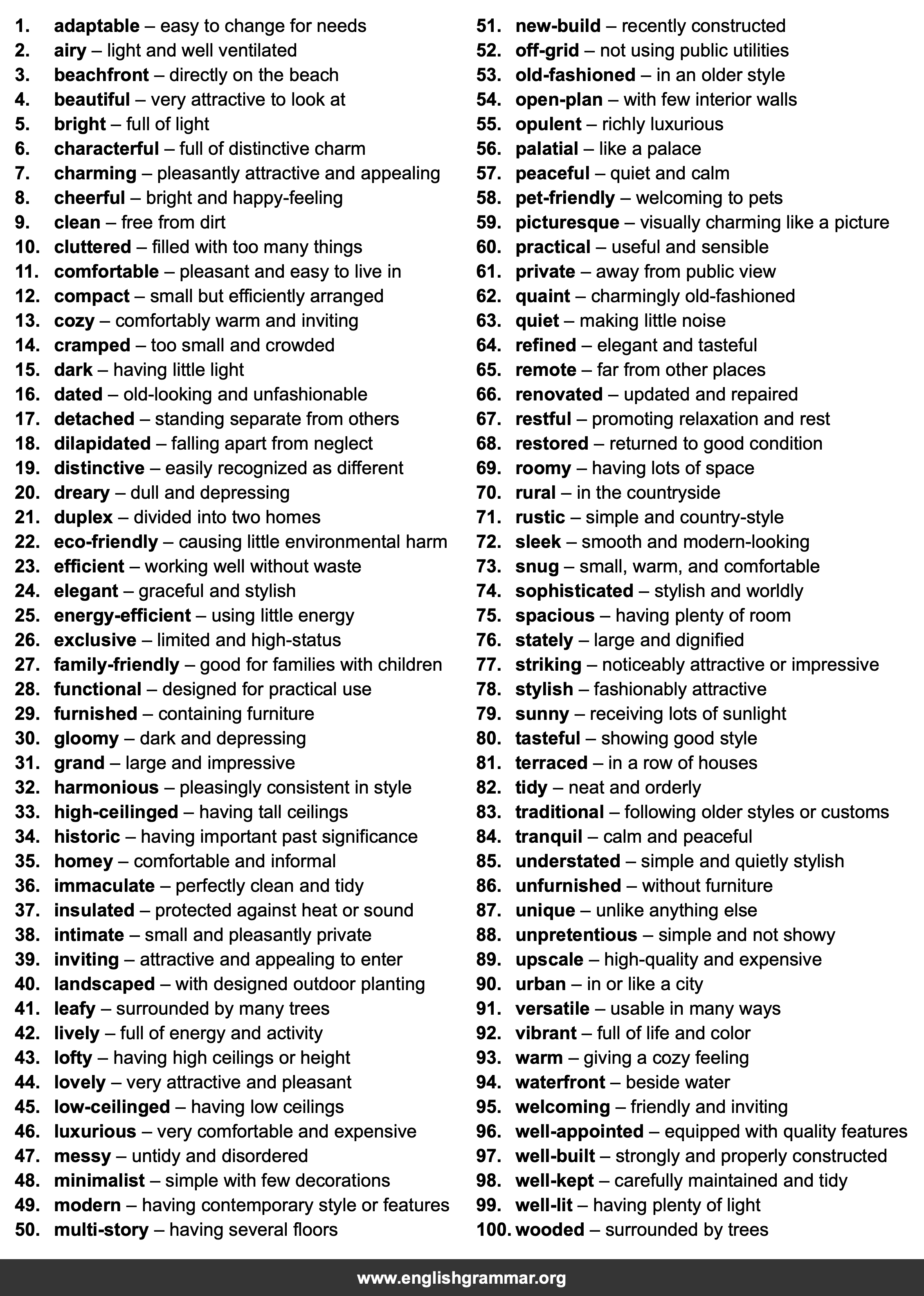 100 Words to Describe Homes