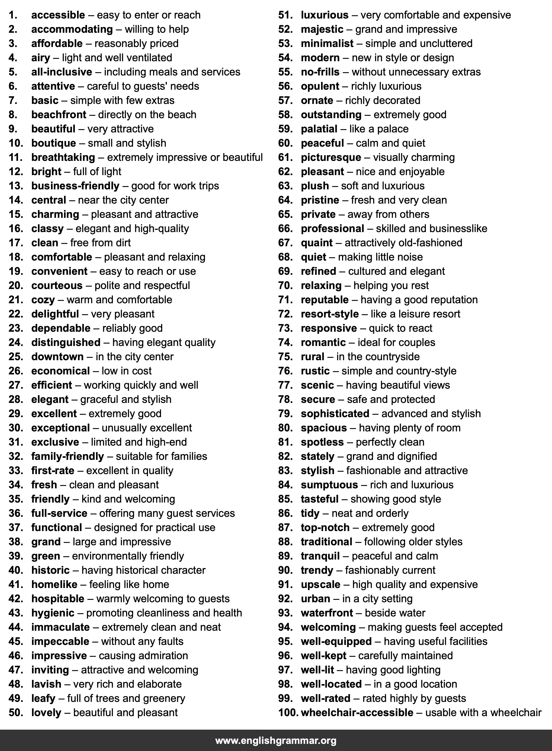 100 Words to Describe Hotels