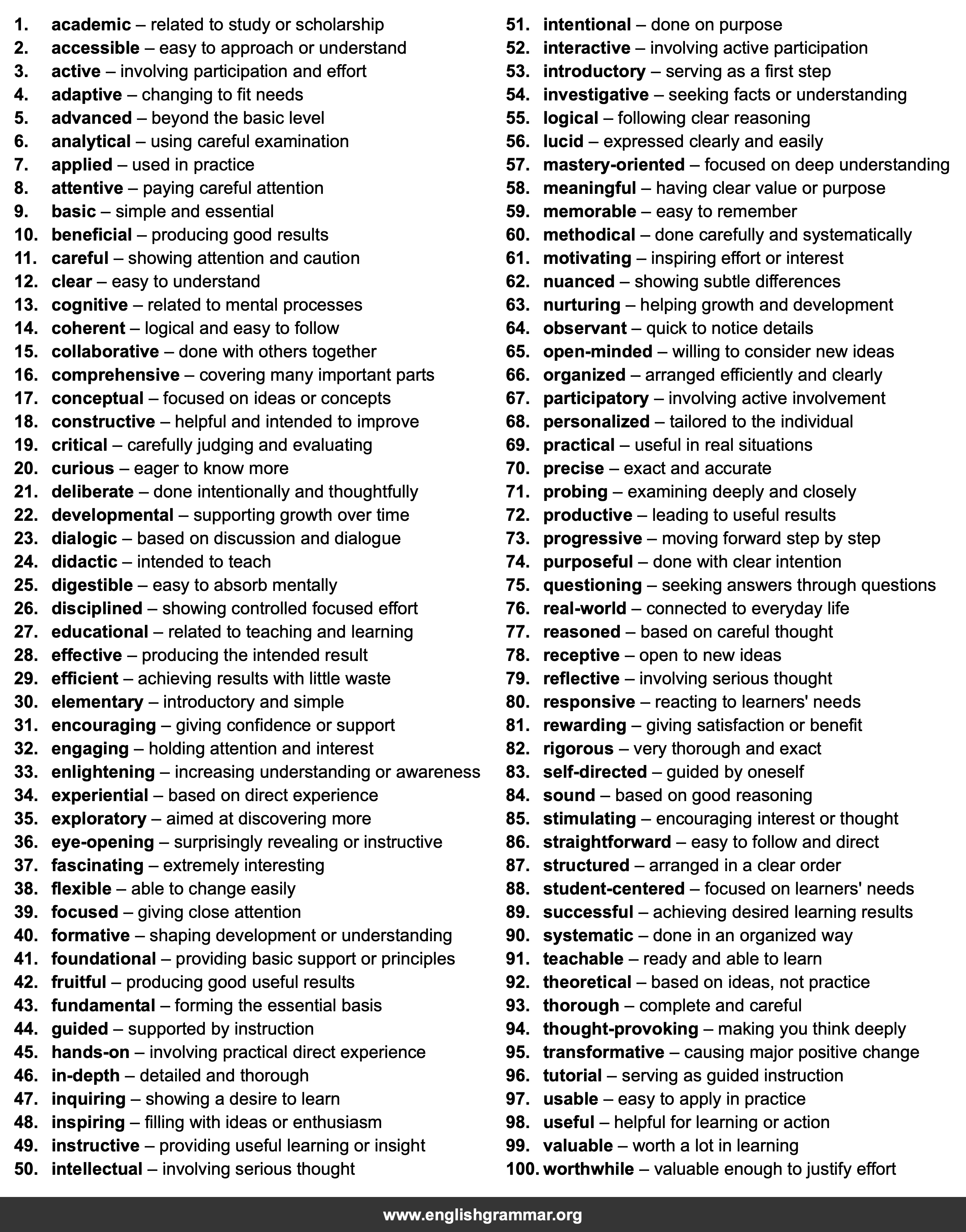 100 Words to Describe Learning