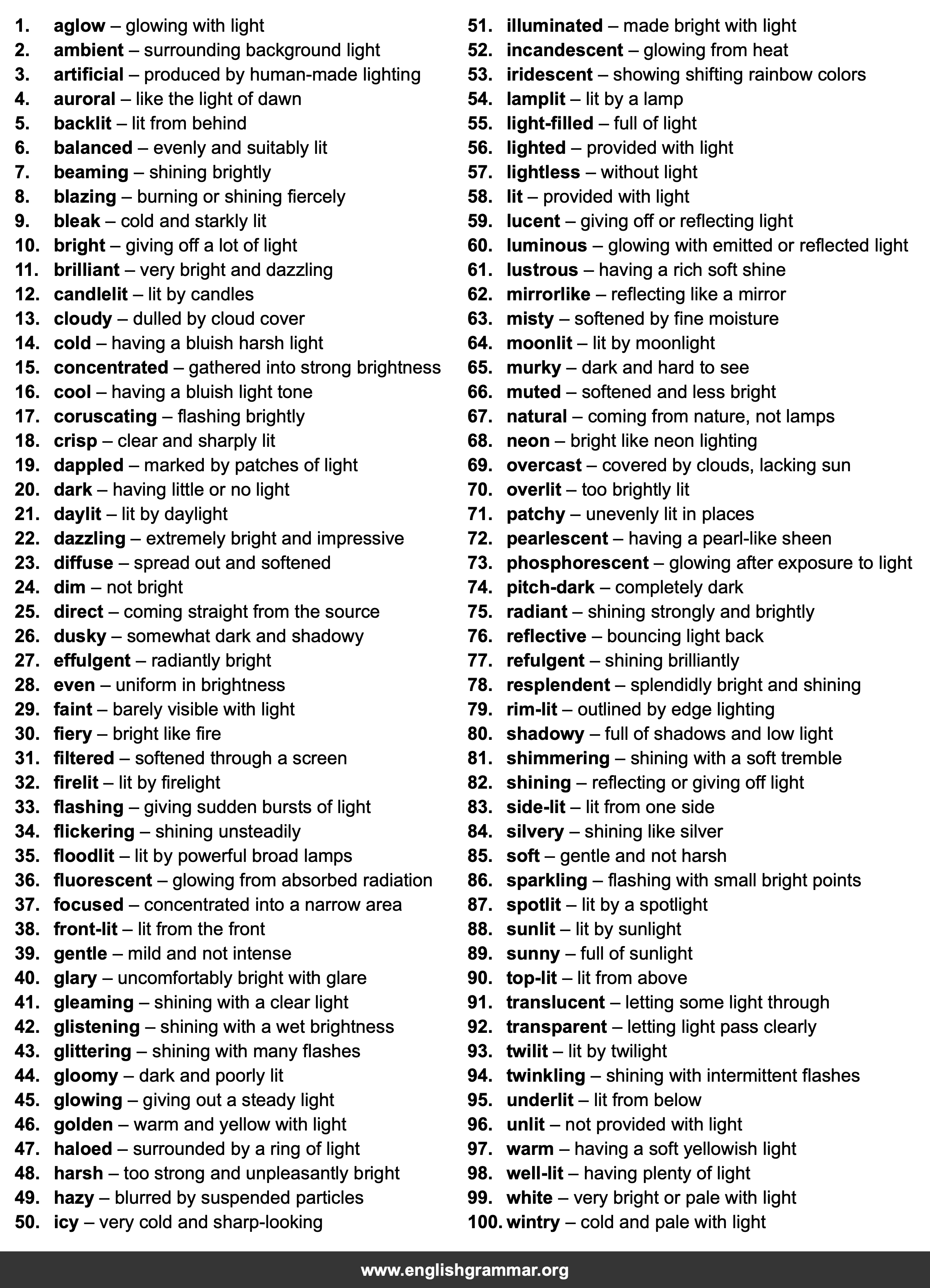 100 Words to Describe Light