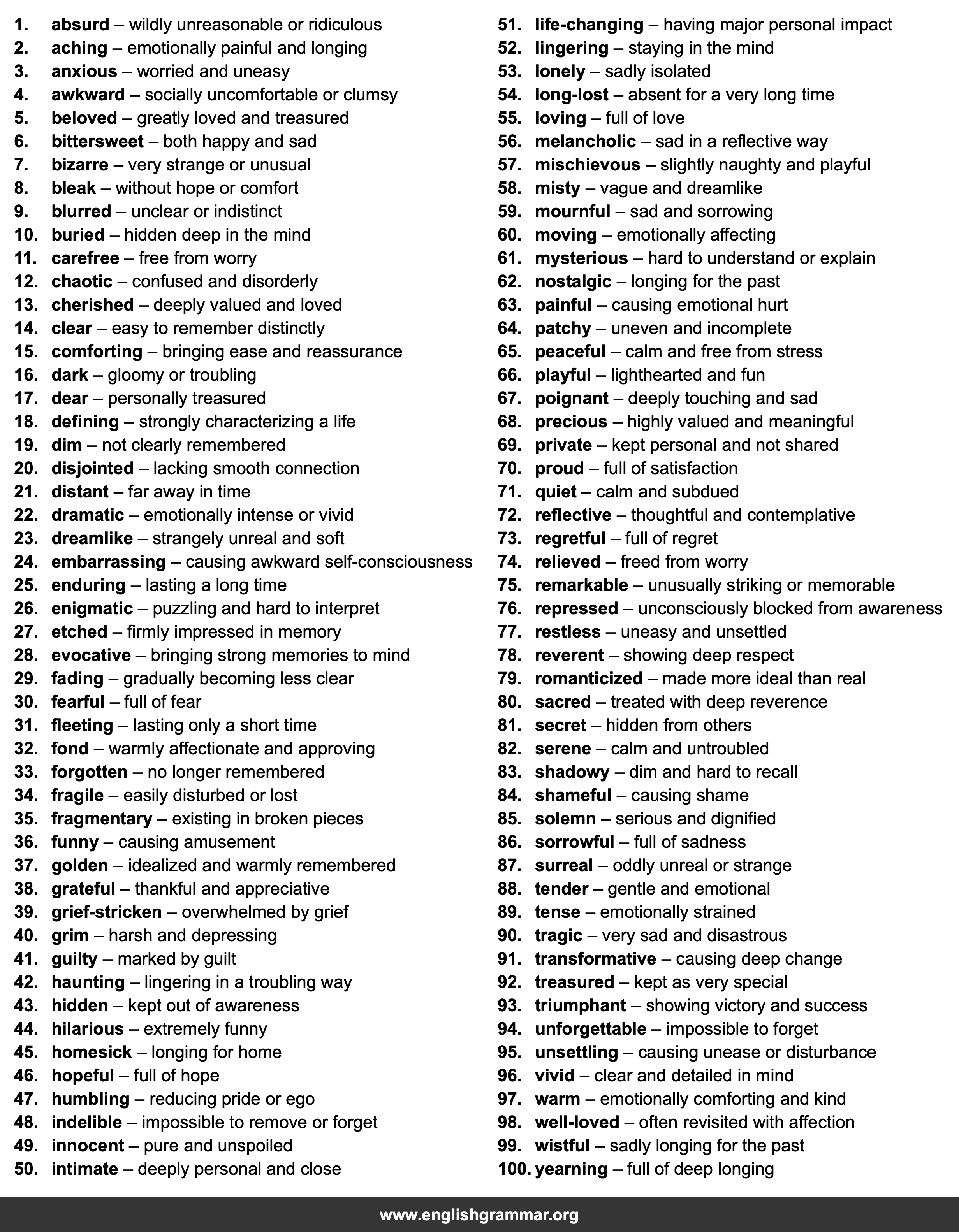 100 Words to Describe Memories