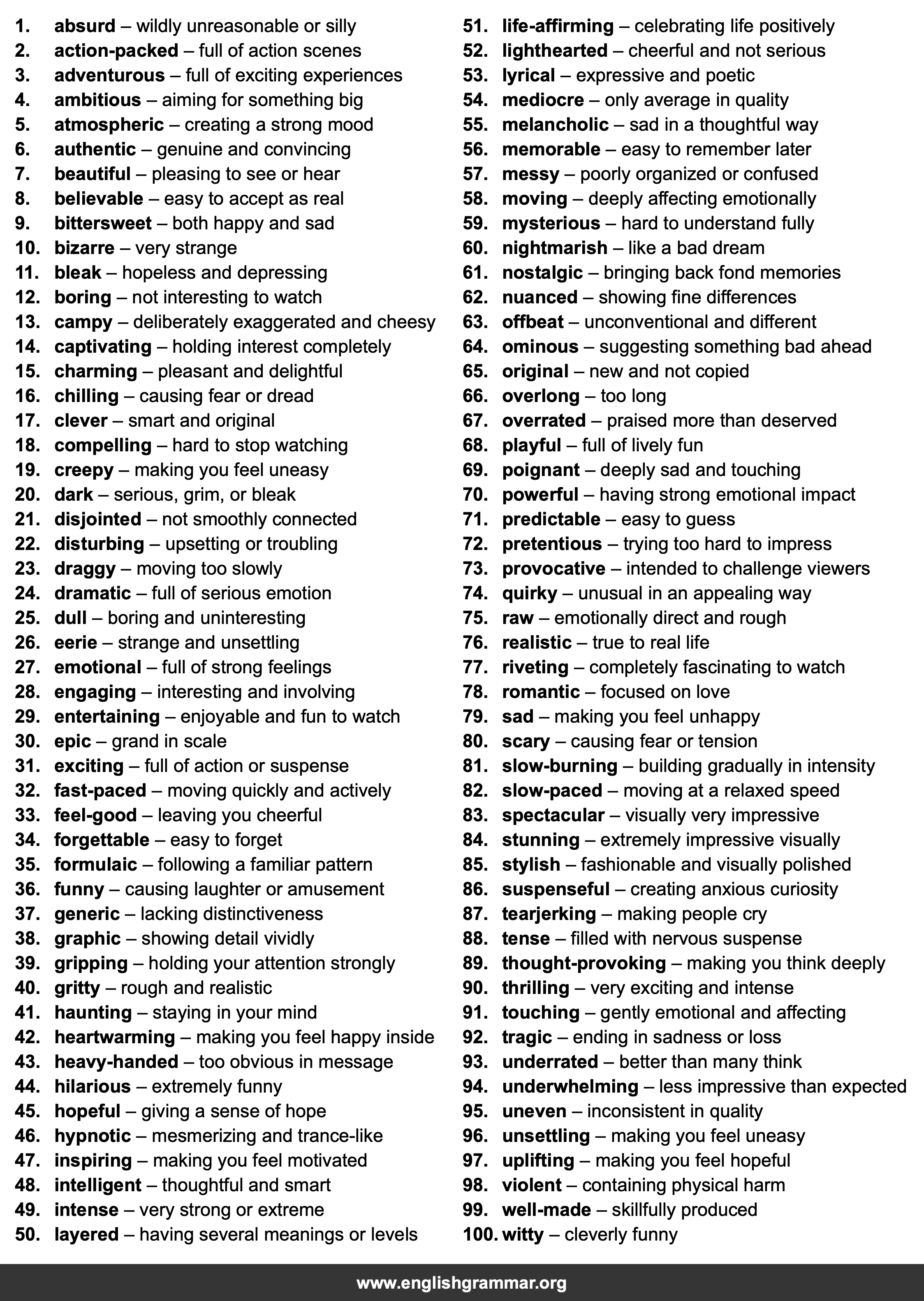 100 Words to Describe Movies
