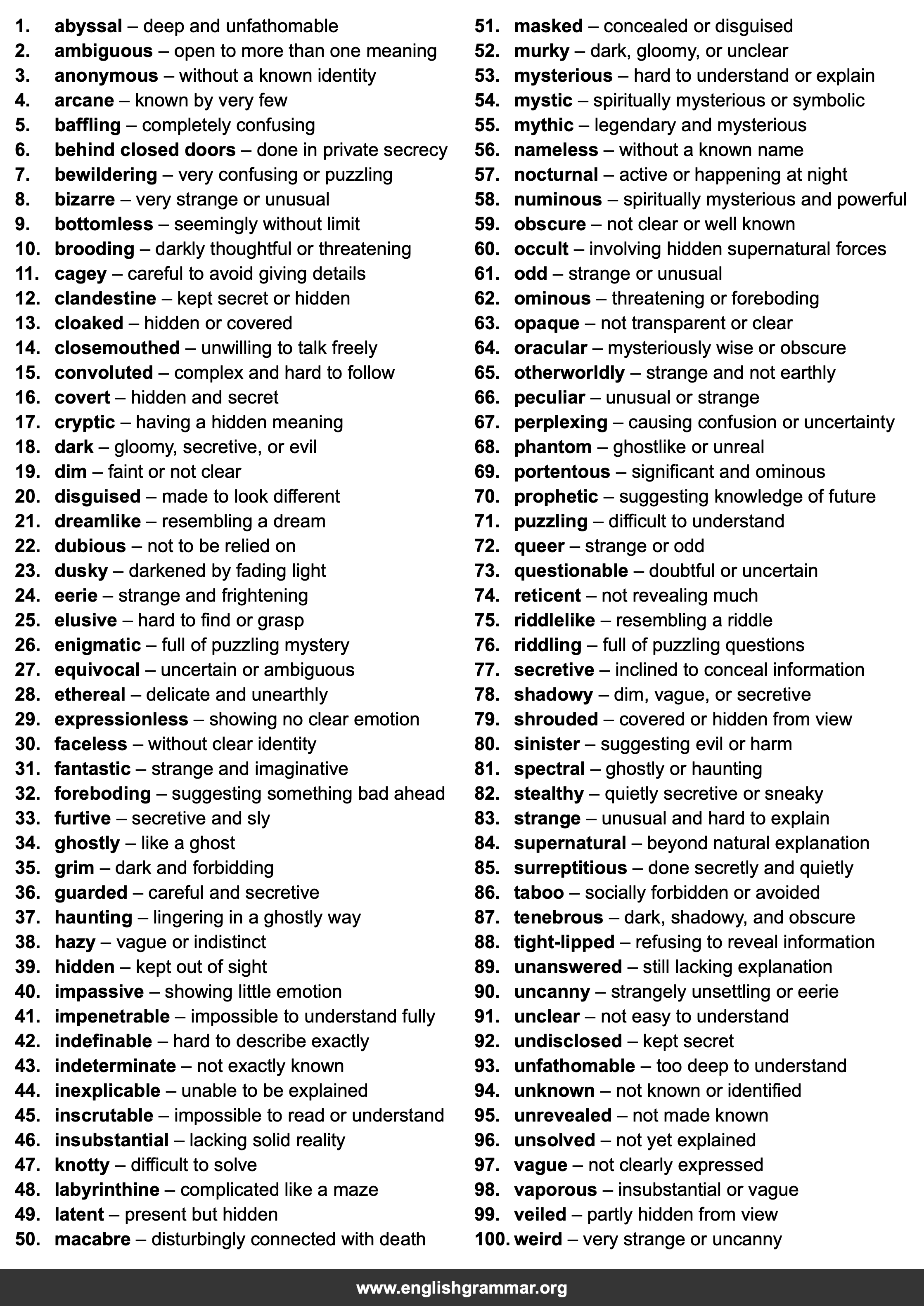 100 Words to Describe Mystery