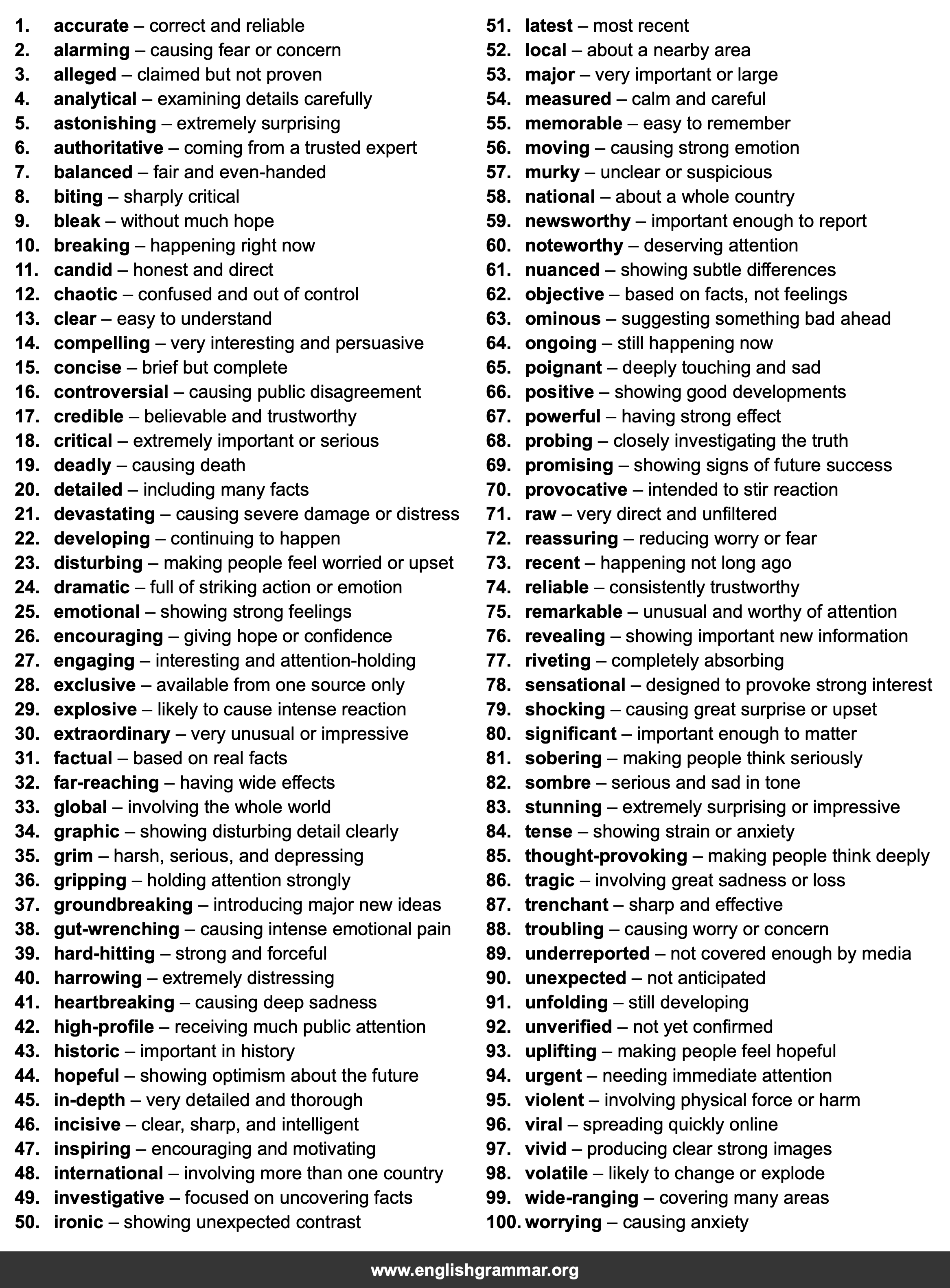 100 Words to Describe News Stories