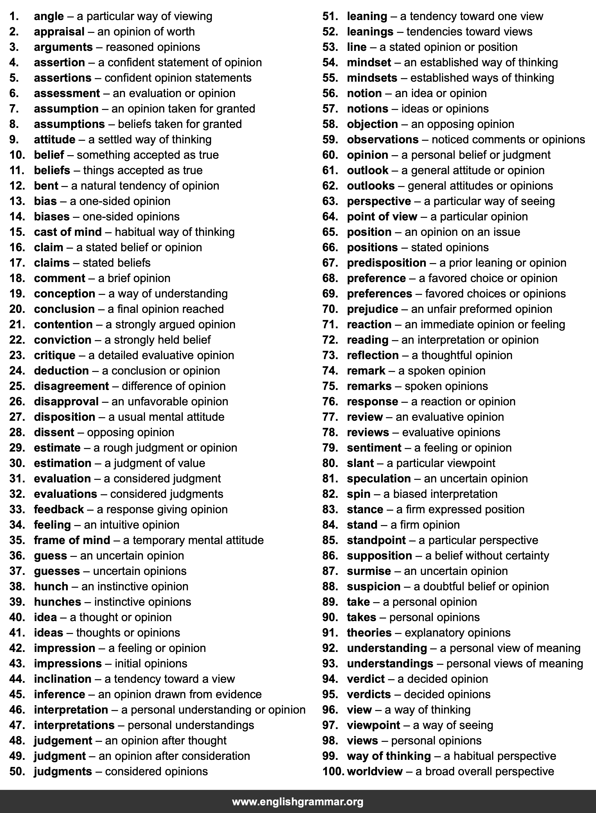 100 Words to Describe Opinions