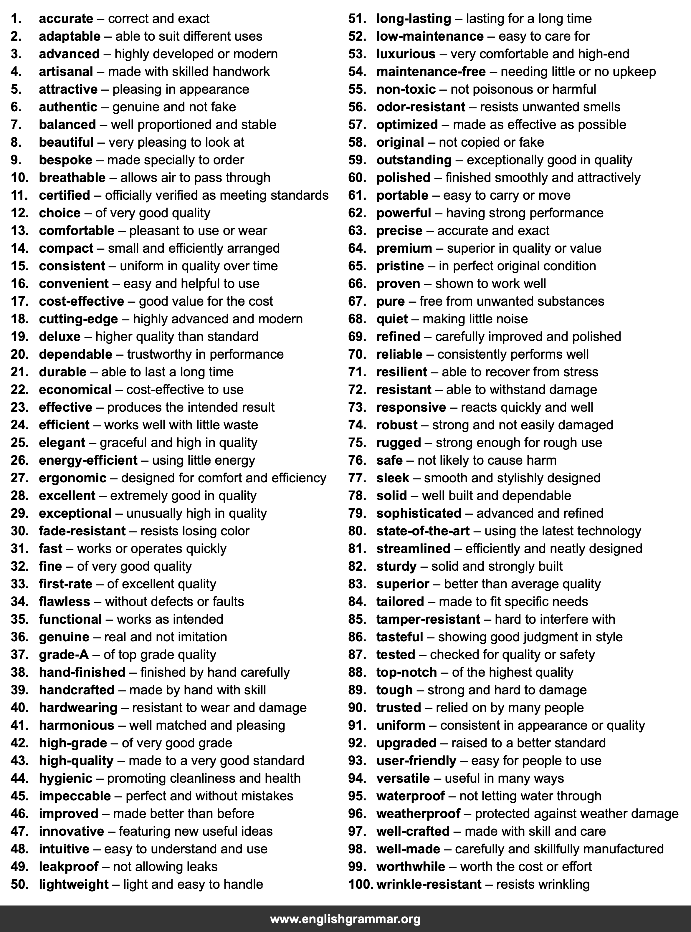 100 Words to Describe Product Quality