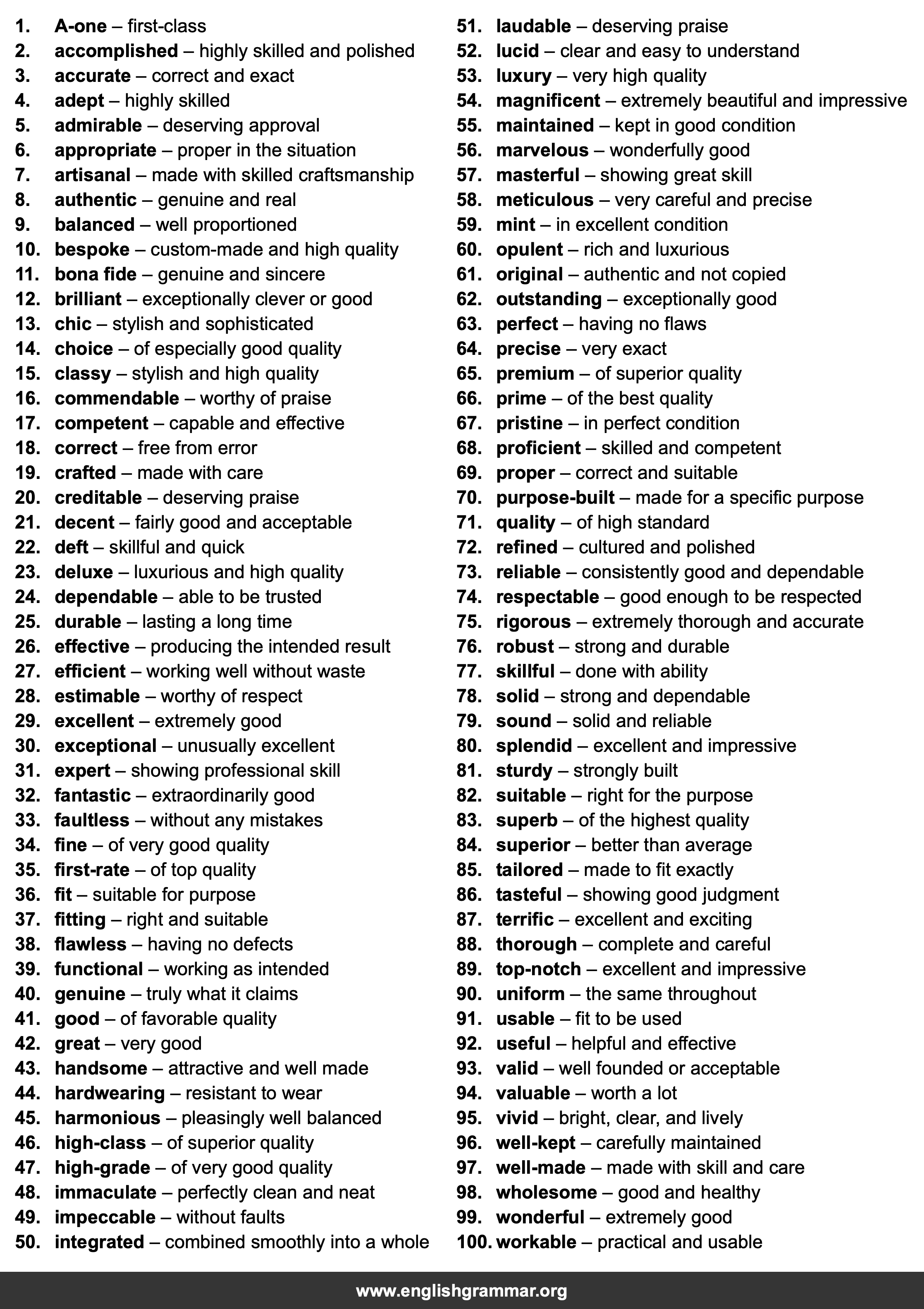 100 Words to Describe Quality