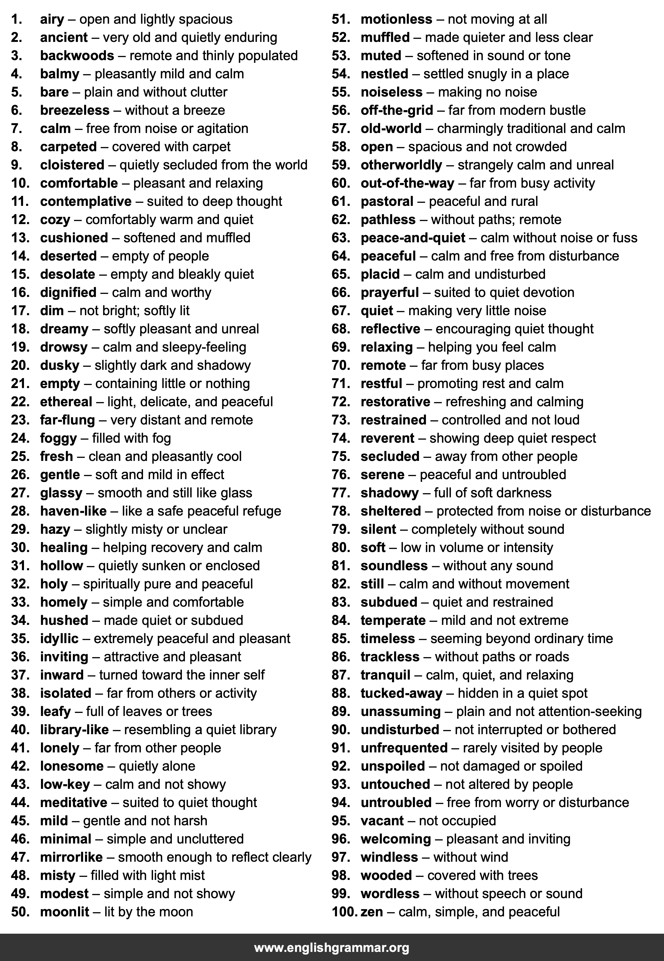 100 Words to Describe a Quiet Place