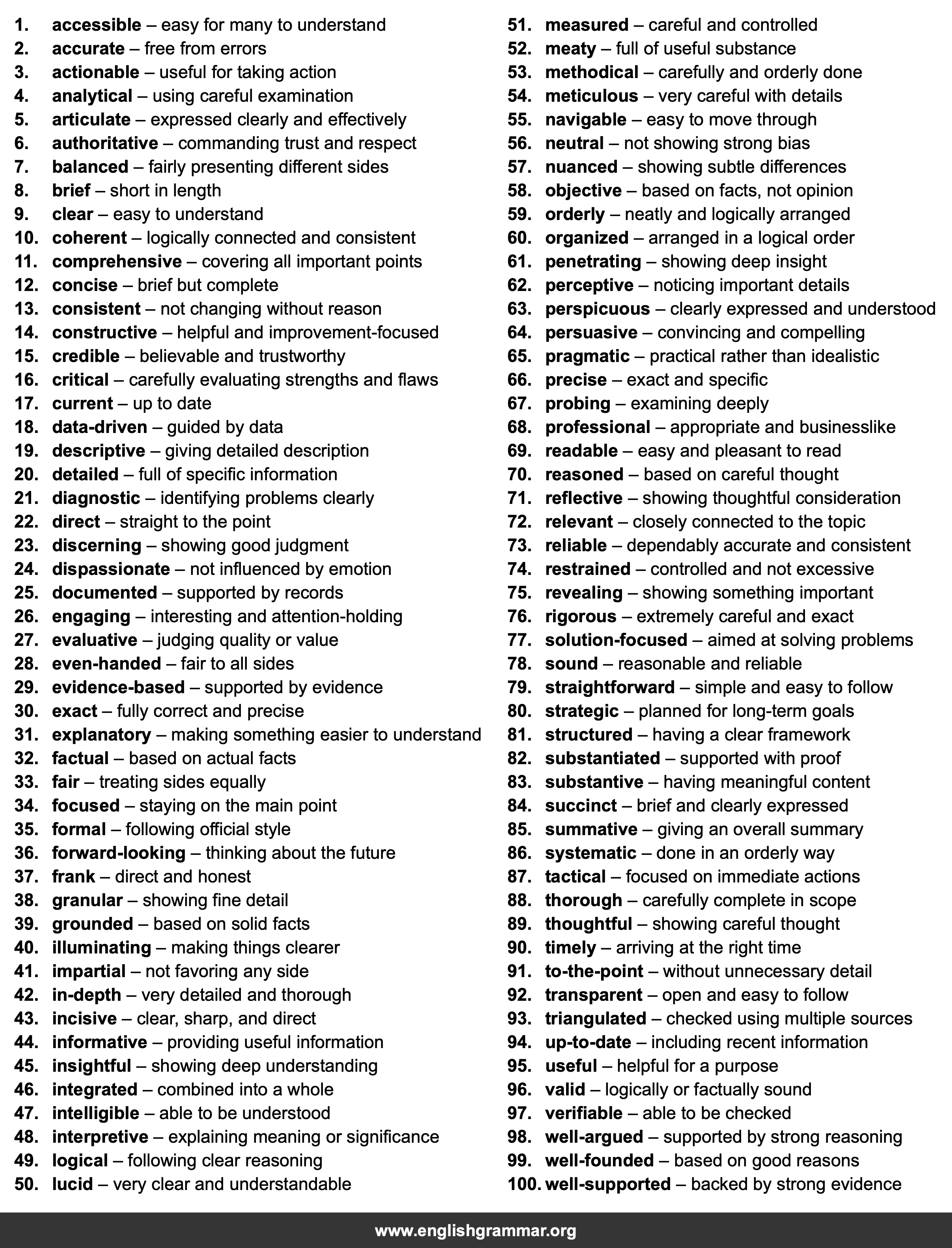 100 Words to Describe Reports
