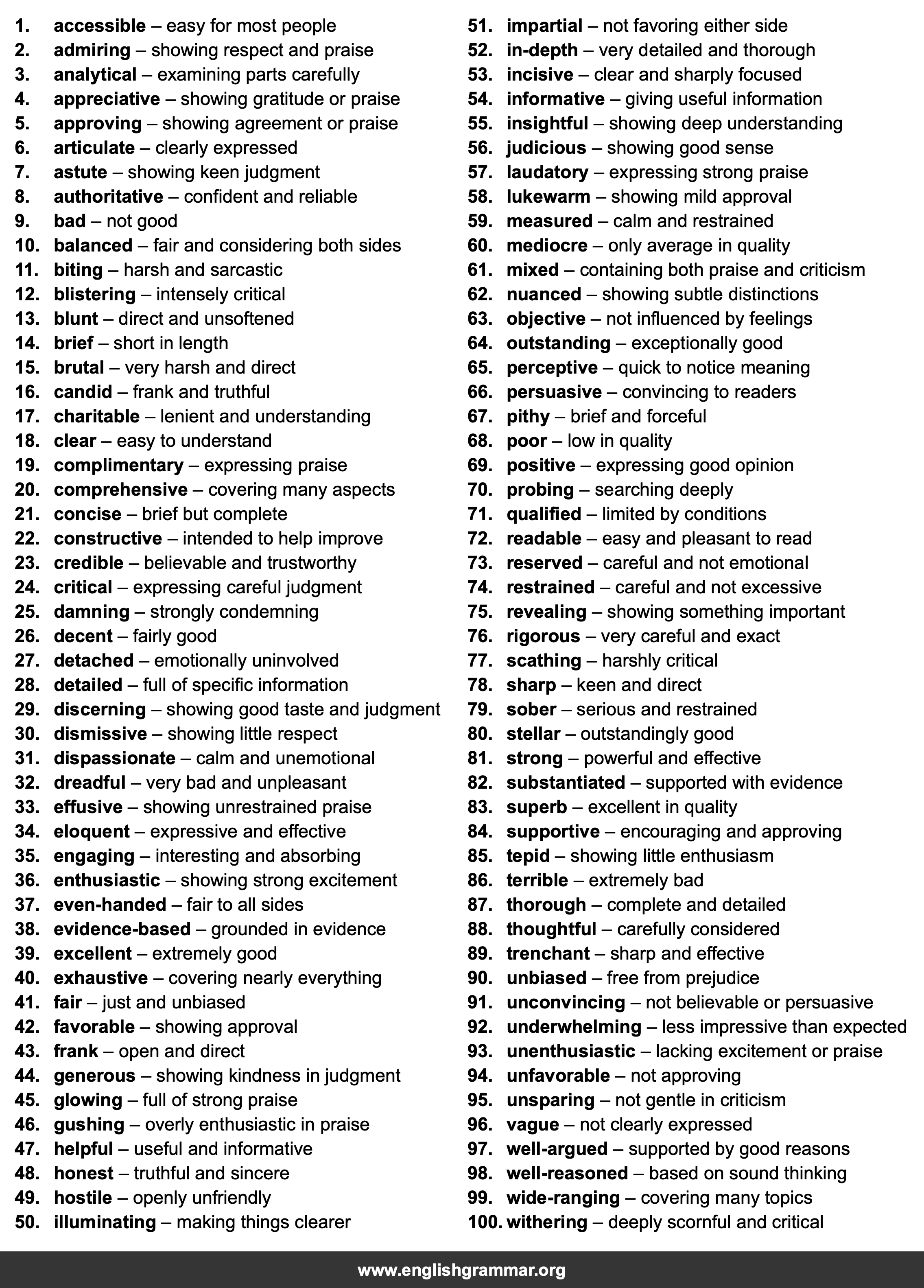 100 Words to Describe Reviews