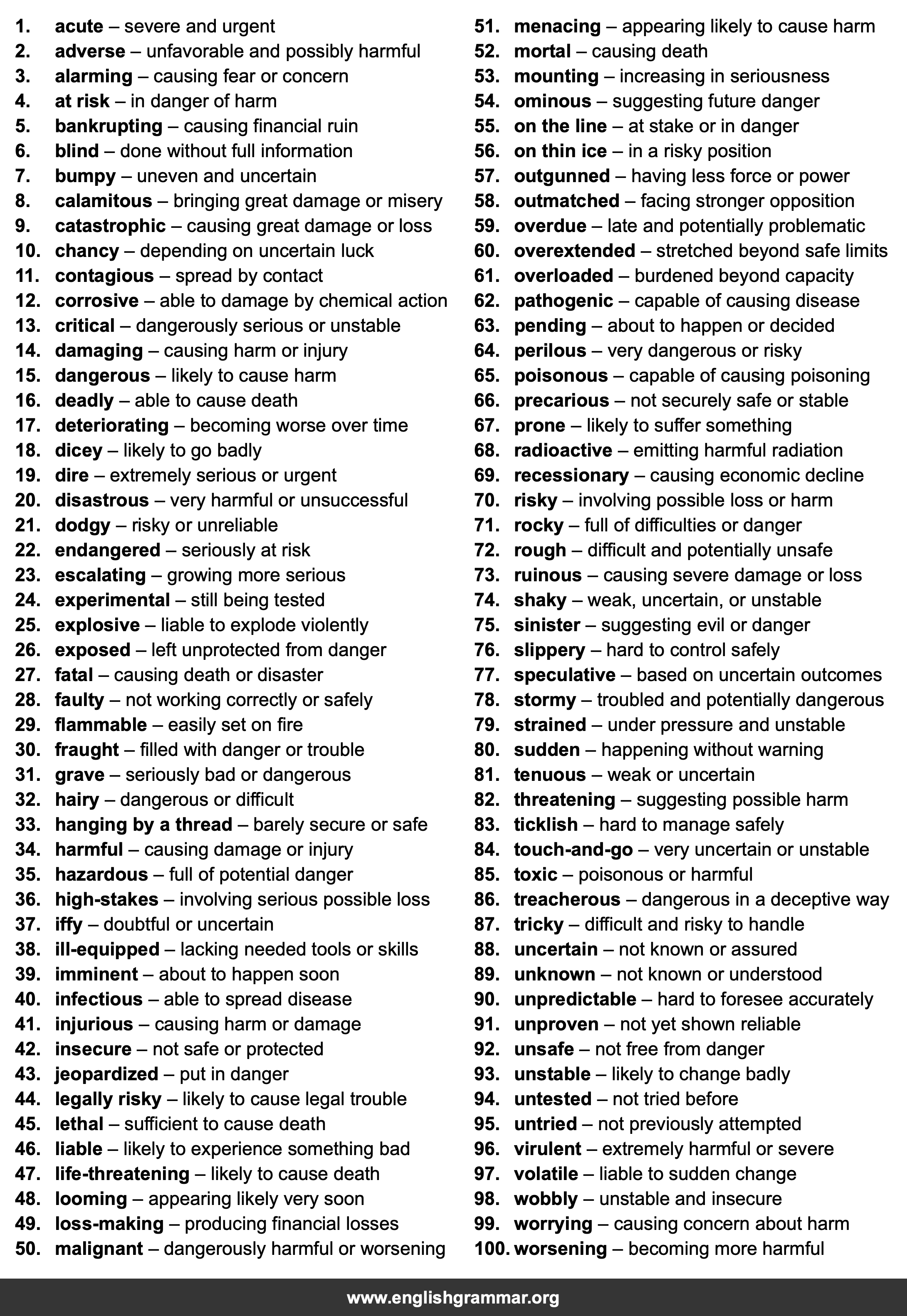 100 Words to Describe Risks