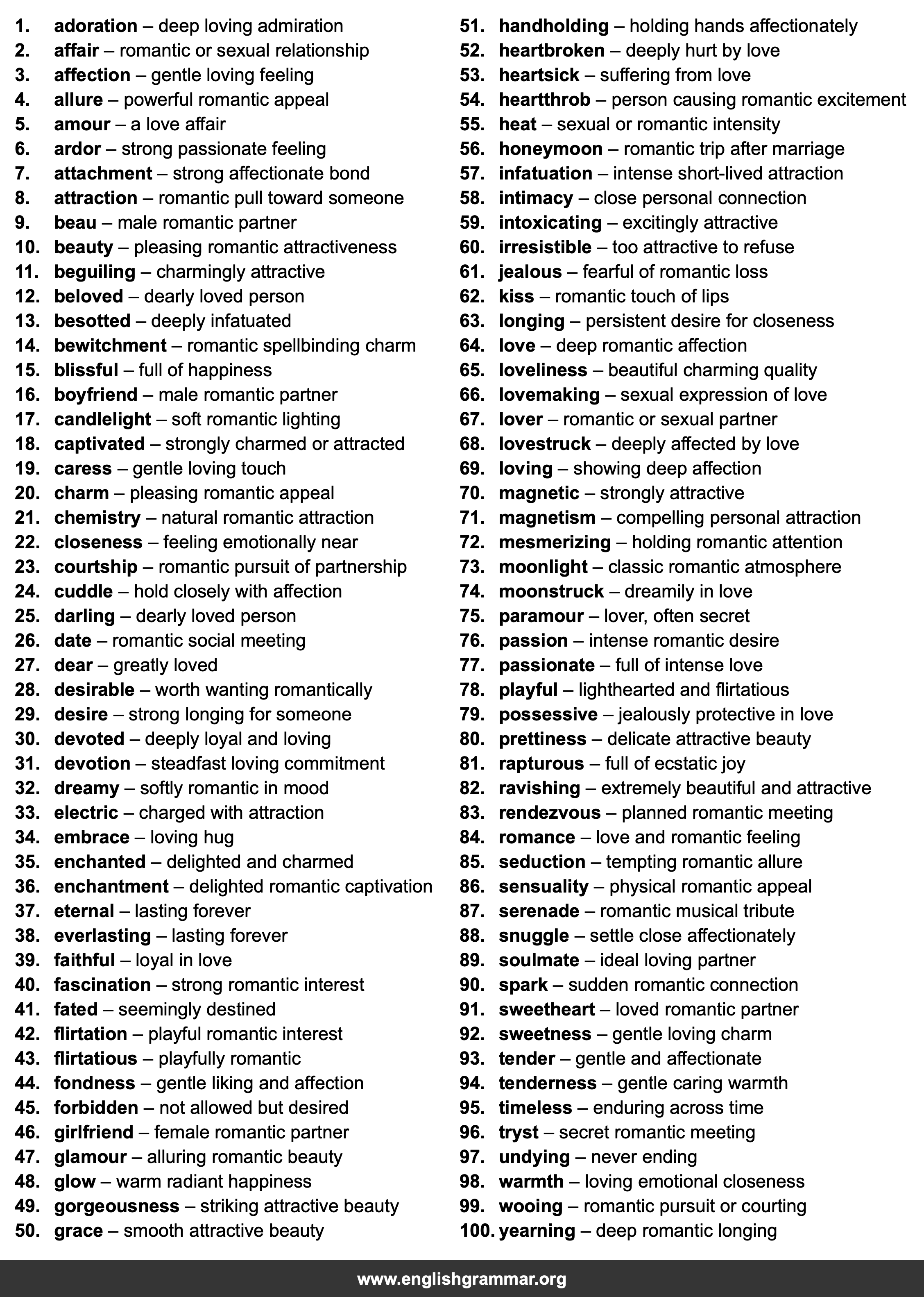 100 Words to Describe Romance