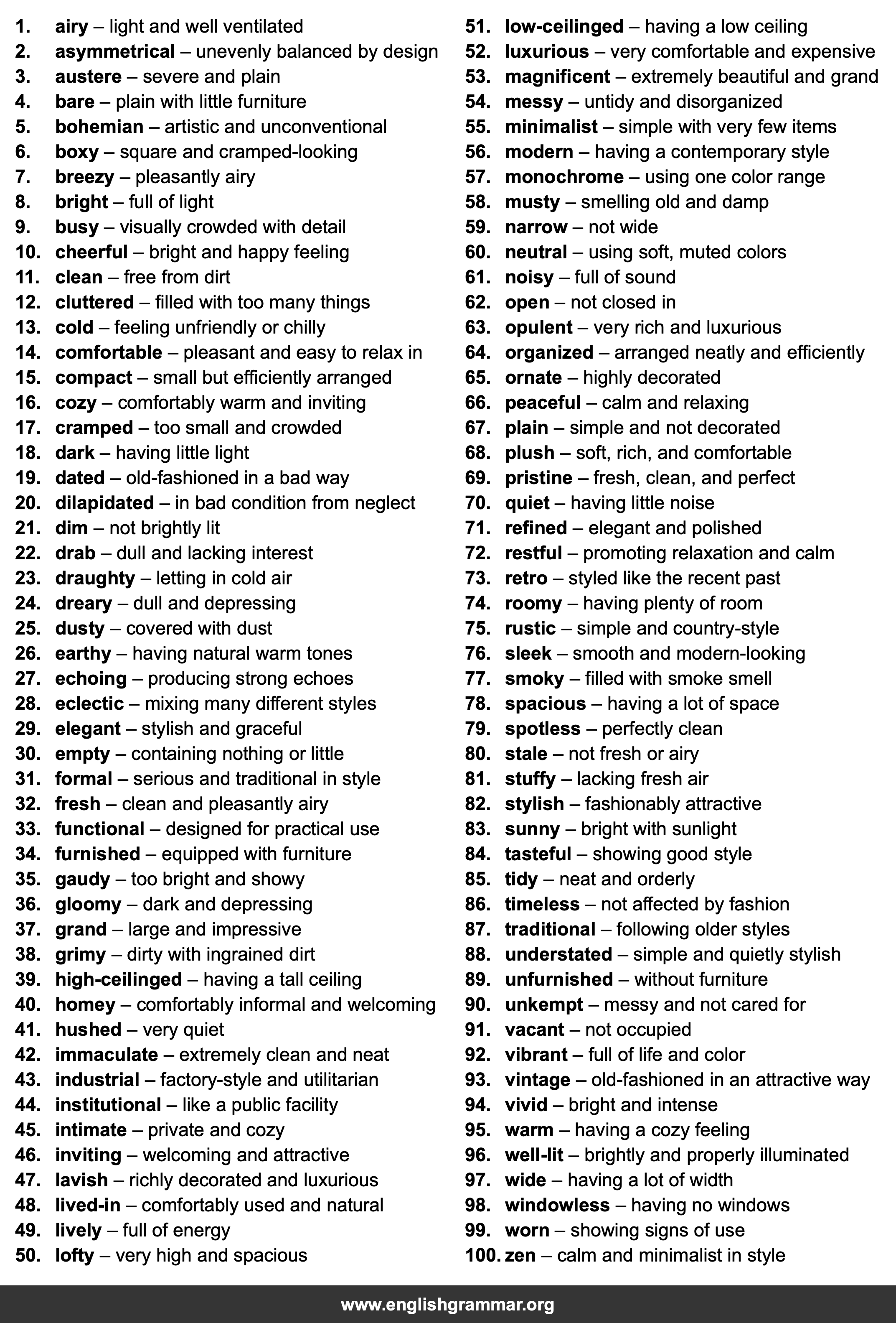 100 Words to Describe Rooms