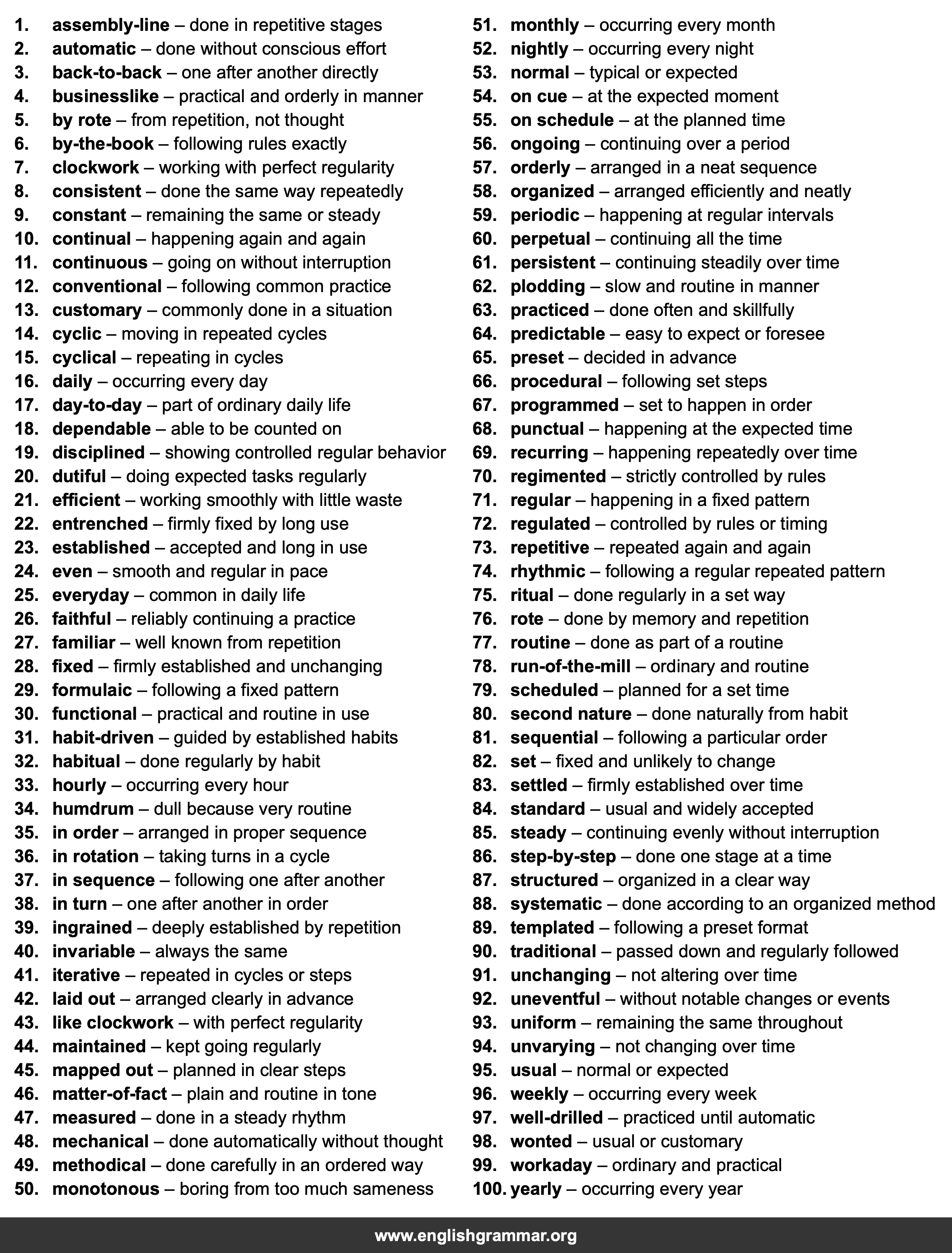 100 Words to Describe Routines