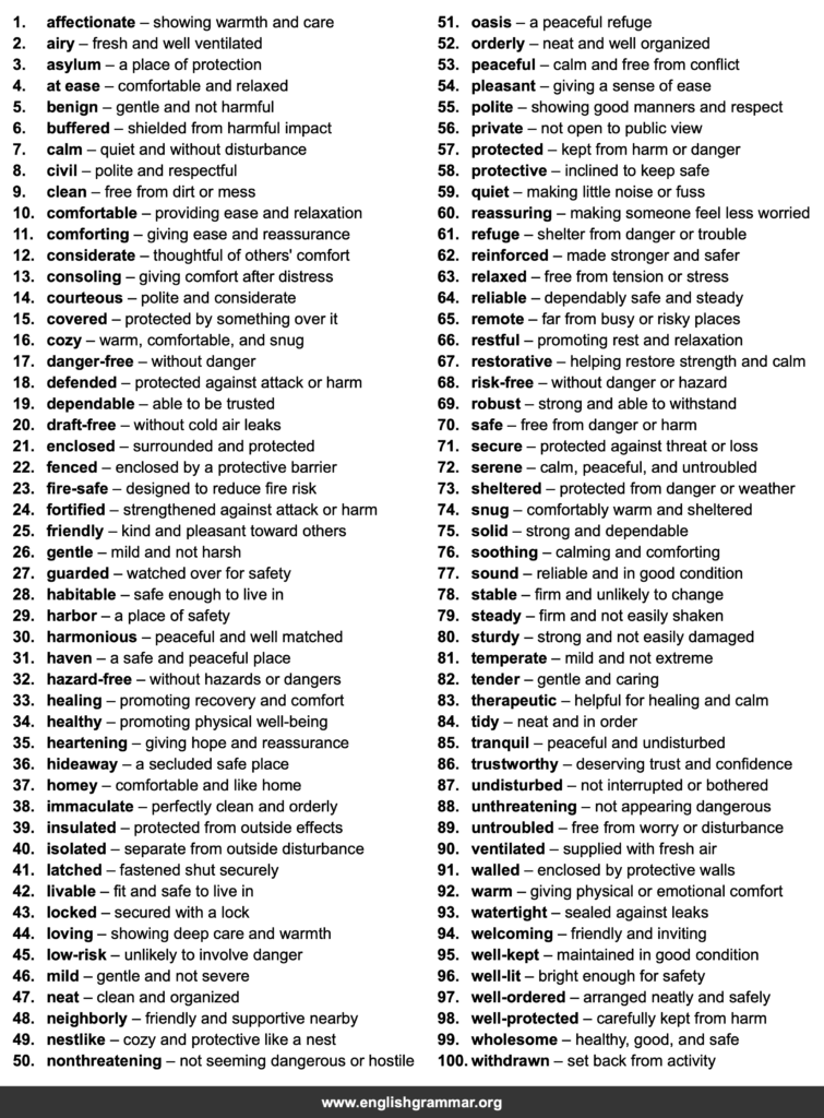 100 Words to Describe a Safe Place