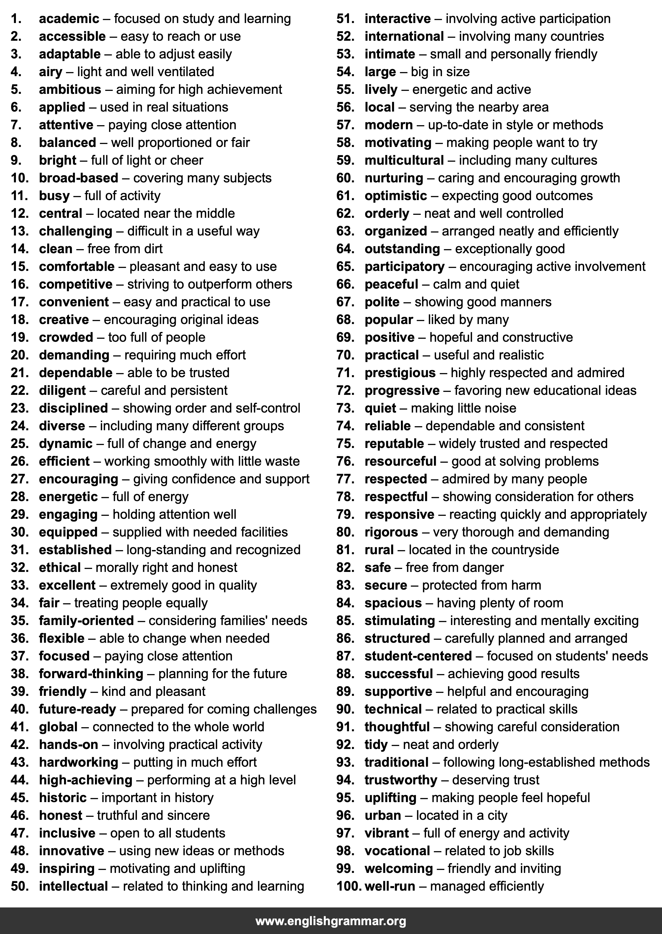 100 Words to Describe Schools