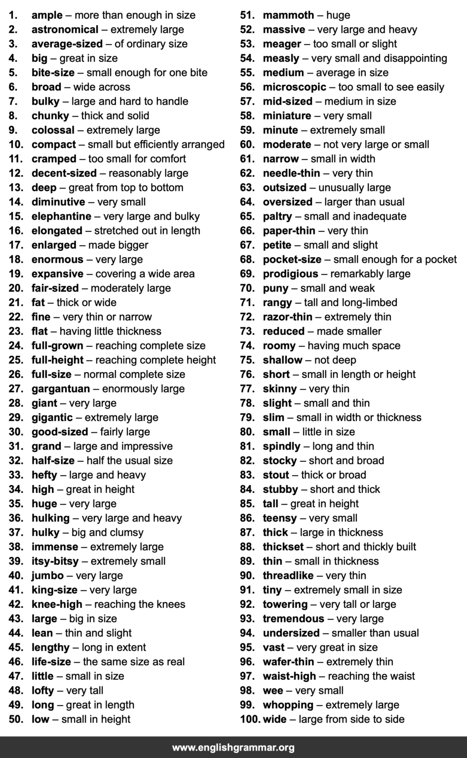 100 Words to Describe Sizes
