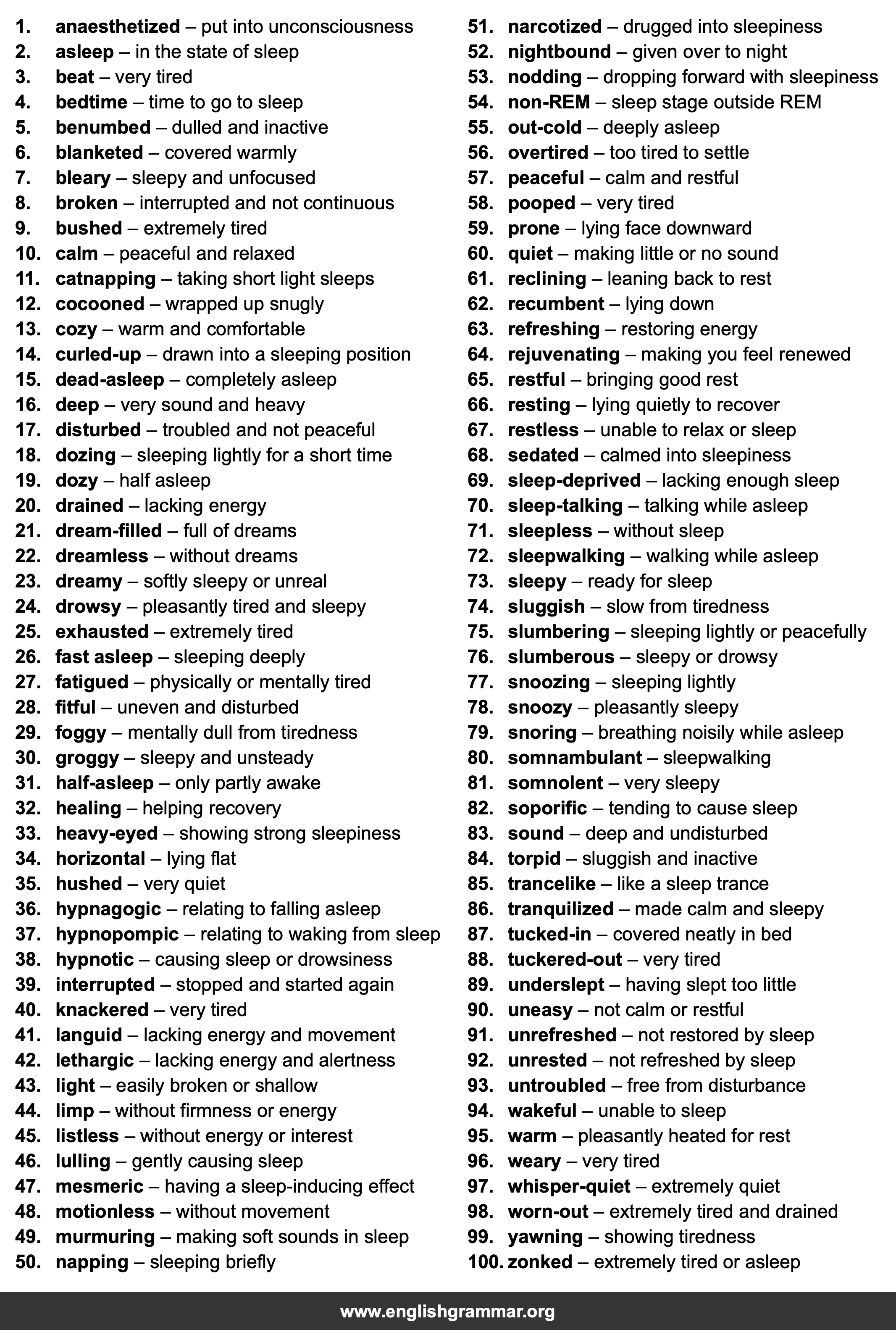 100 Words to Describe Sleep
