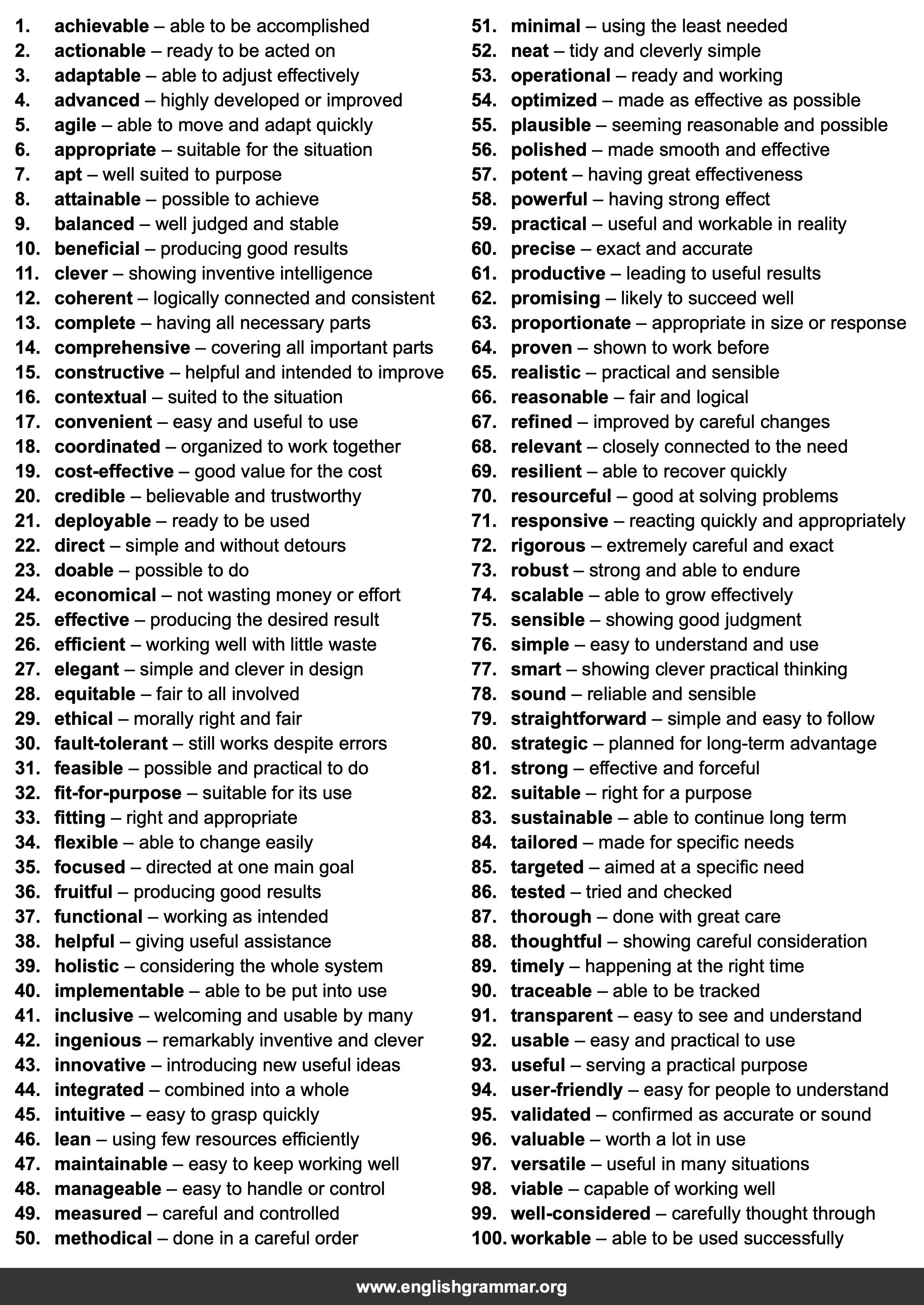100 Words to Describe Solutions