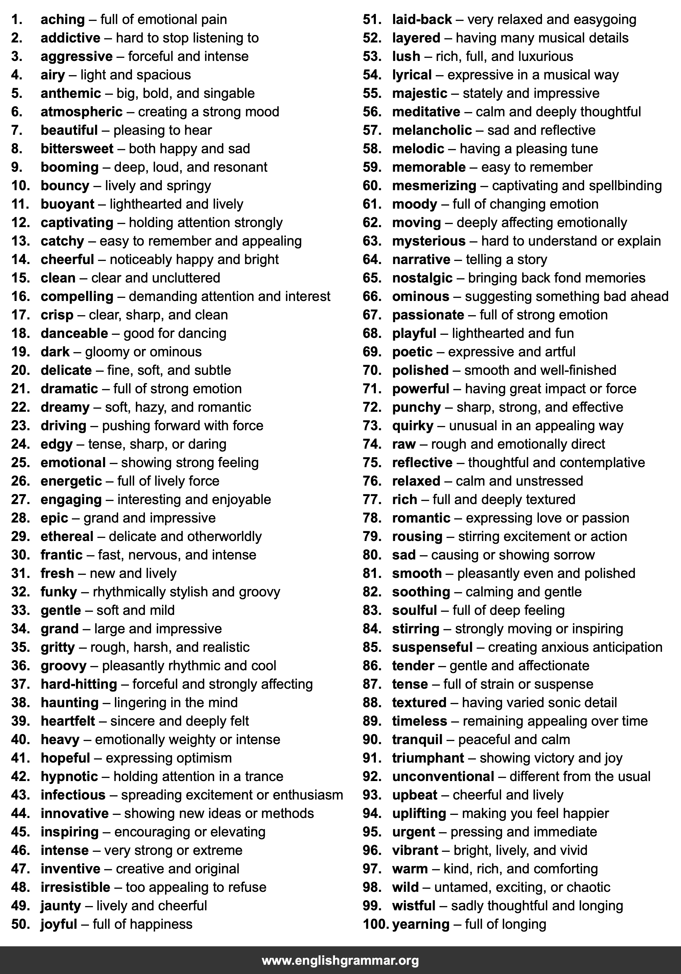 100 Words to Describe Songs