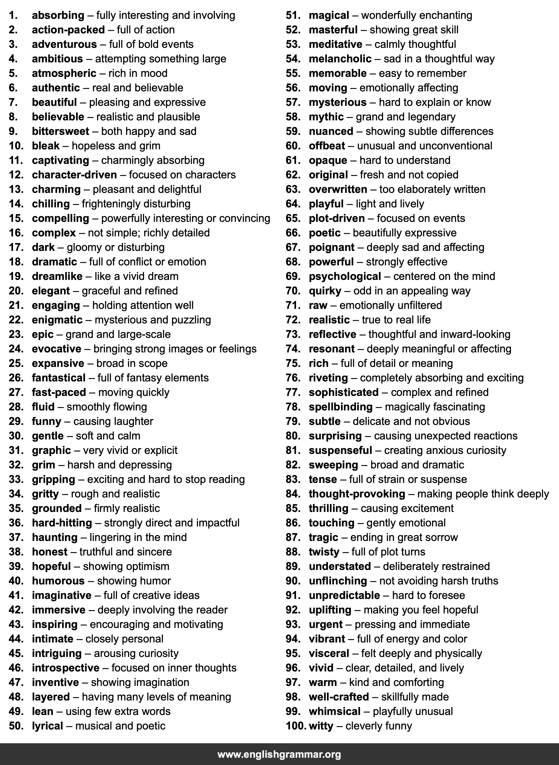 100 Words to Describe Stories