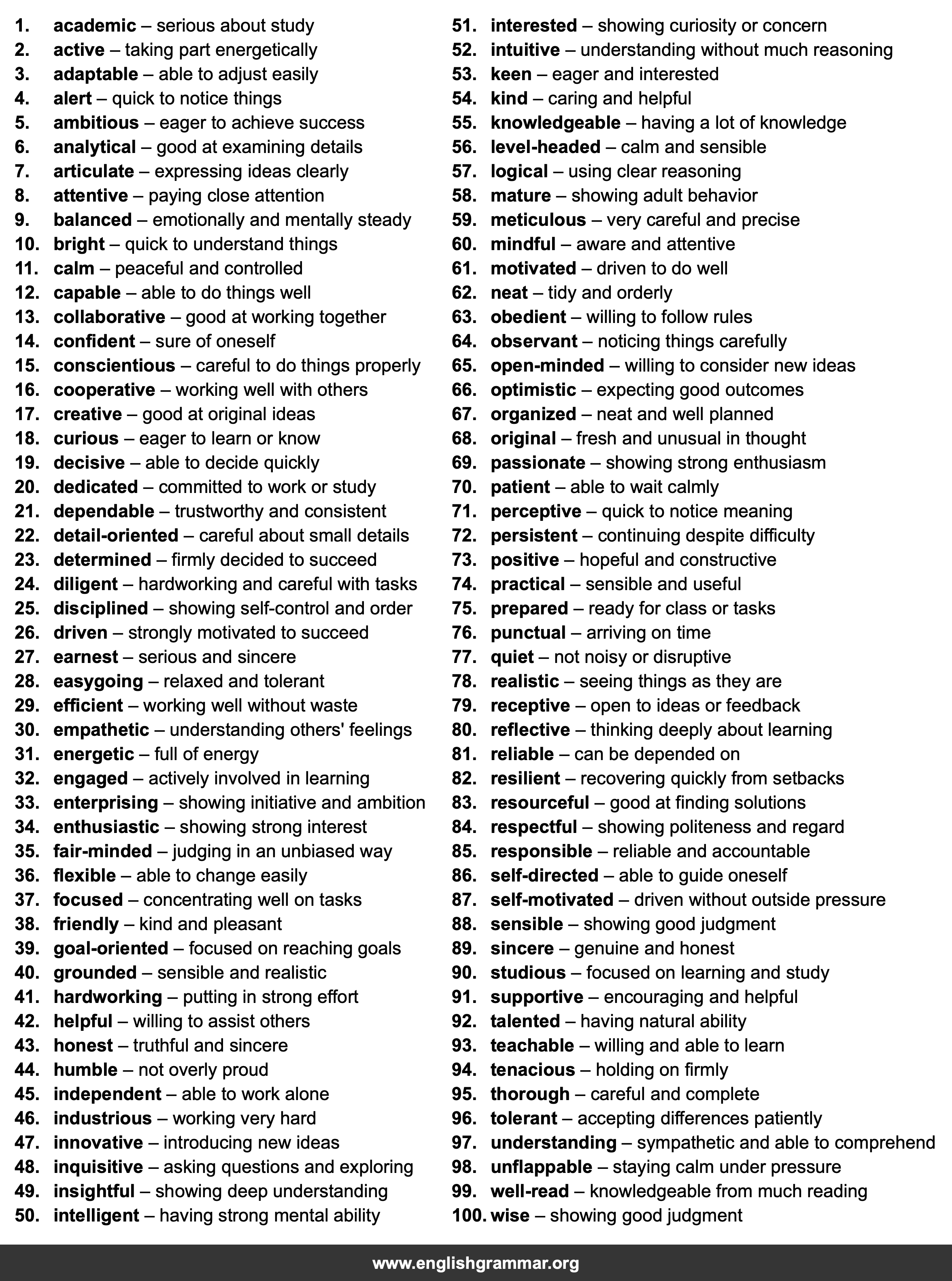 100 Words to Describe Students