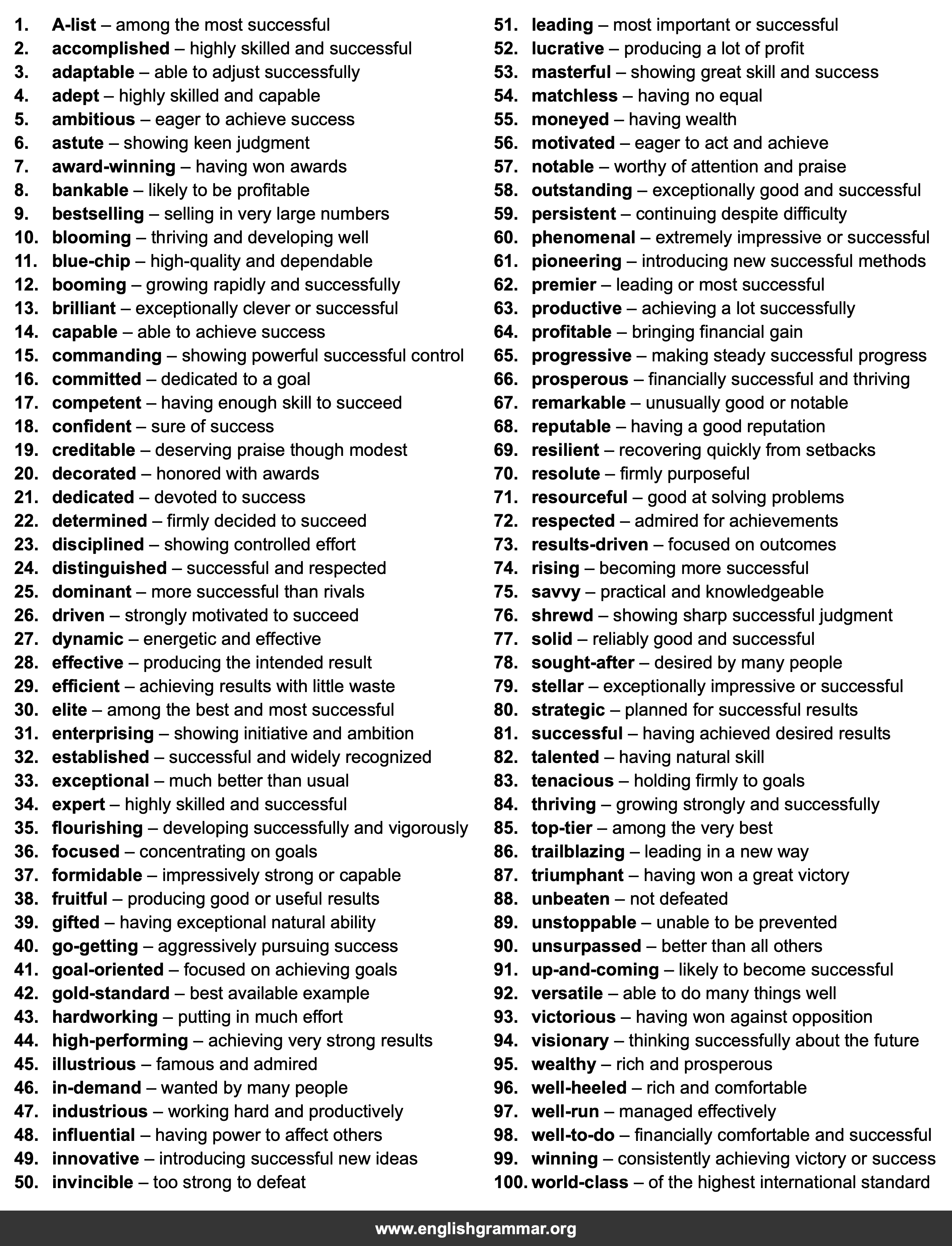 100 Words to Describe Success