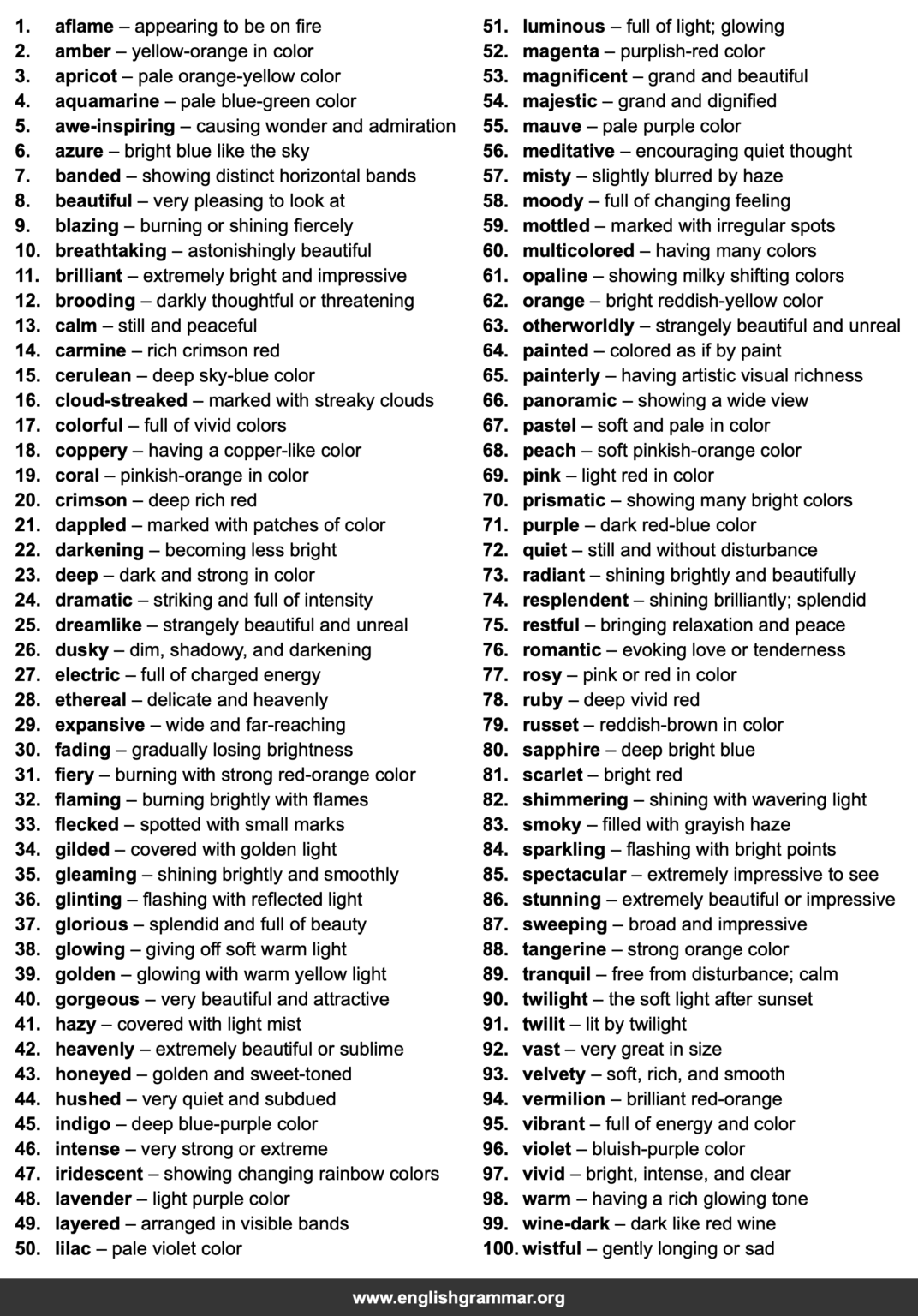 100 Words to Describe Sunsets