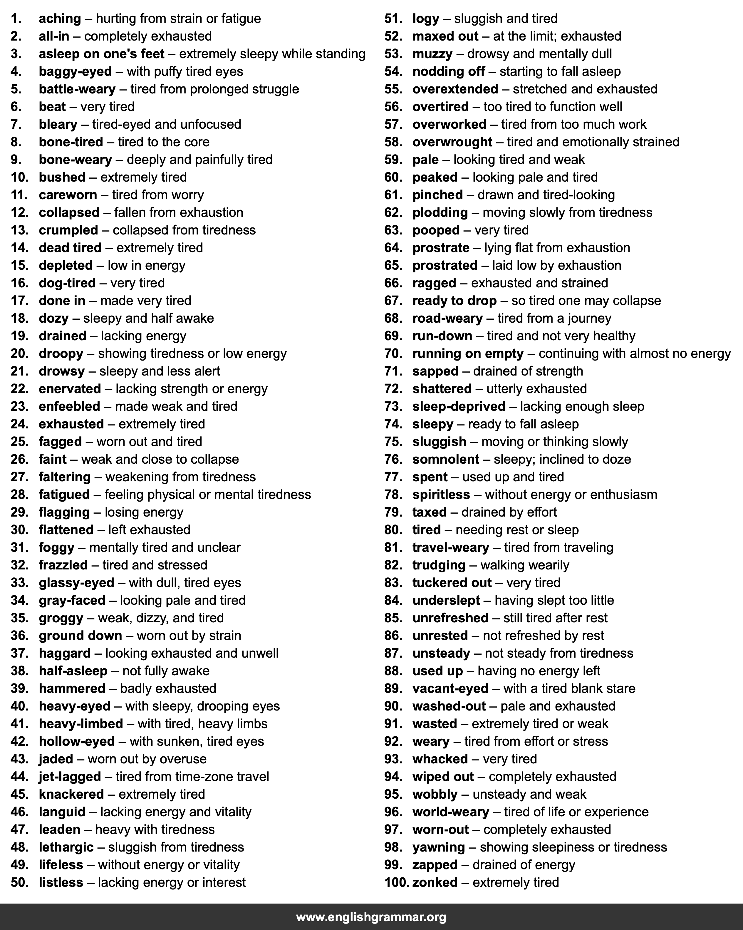 100 Words to Describe Tiredness