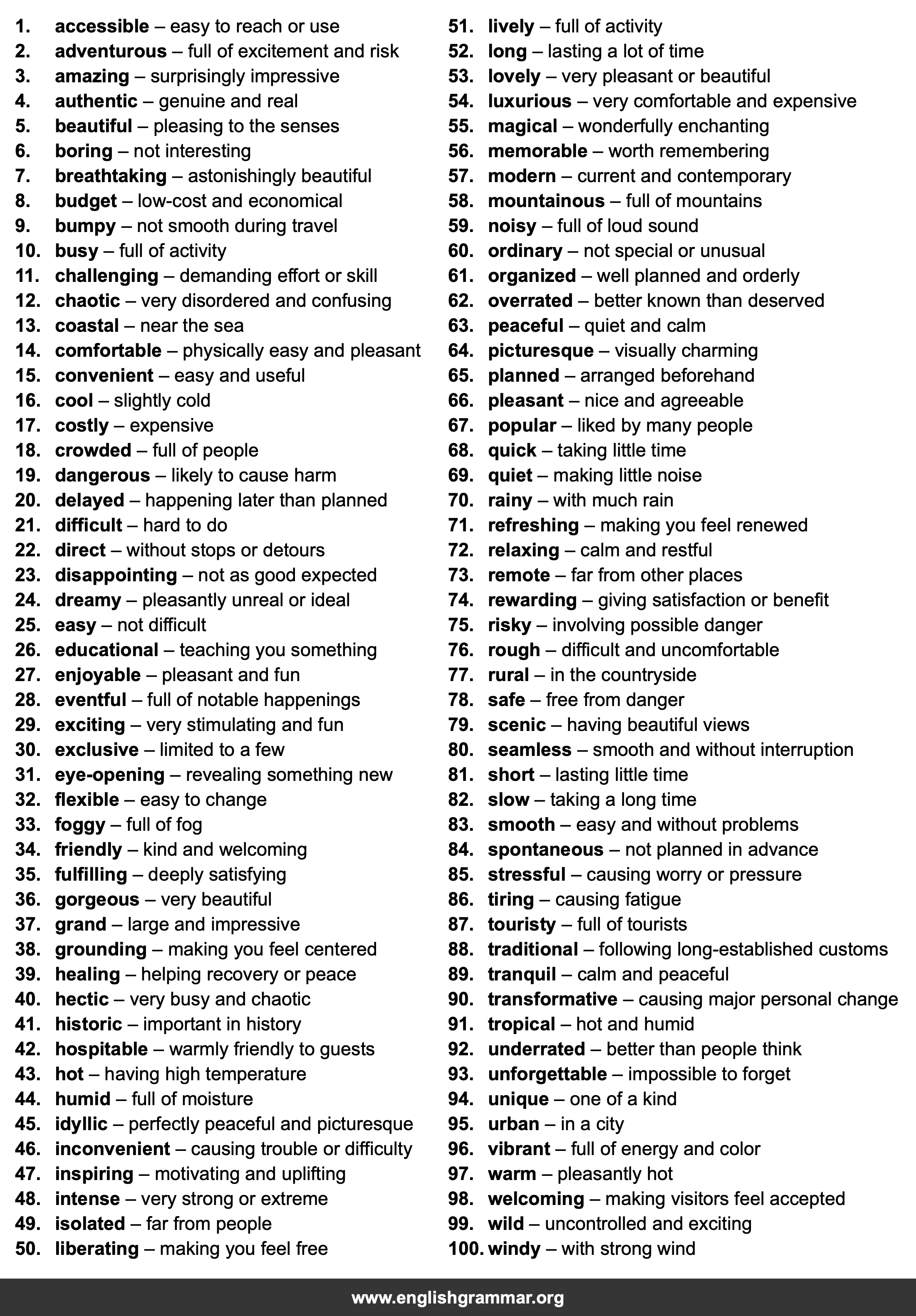 100 Words to Describe Trips