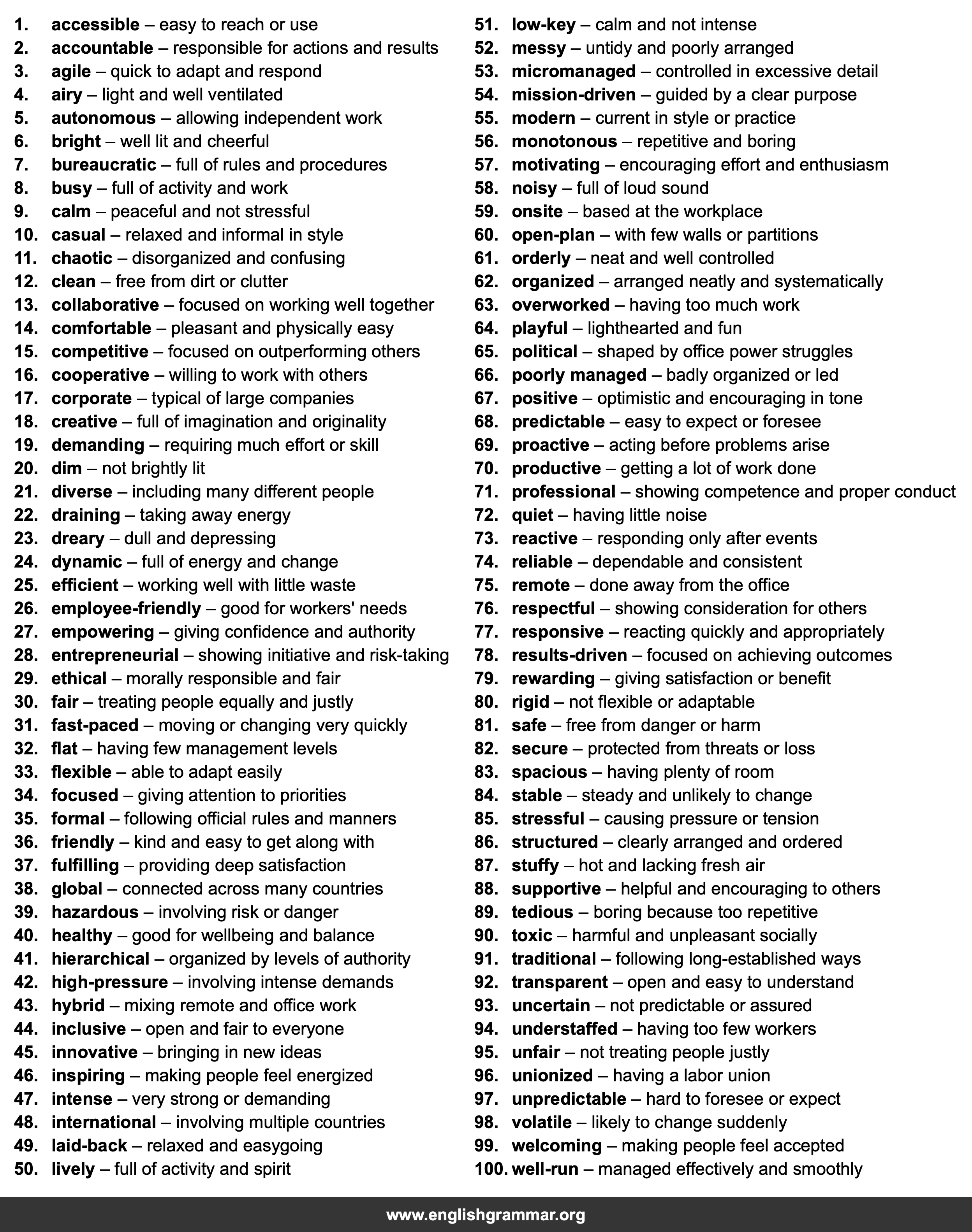 100 Words to Describe a Workplace