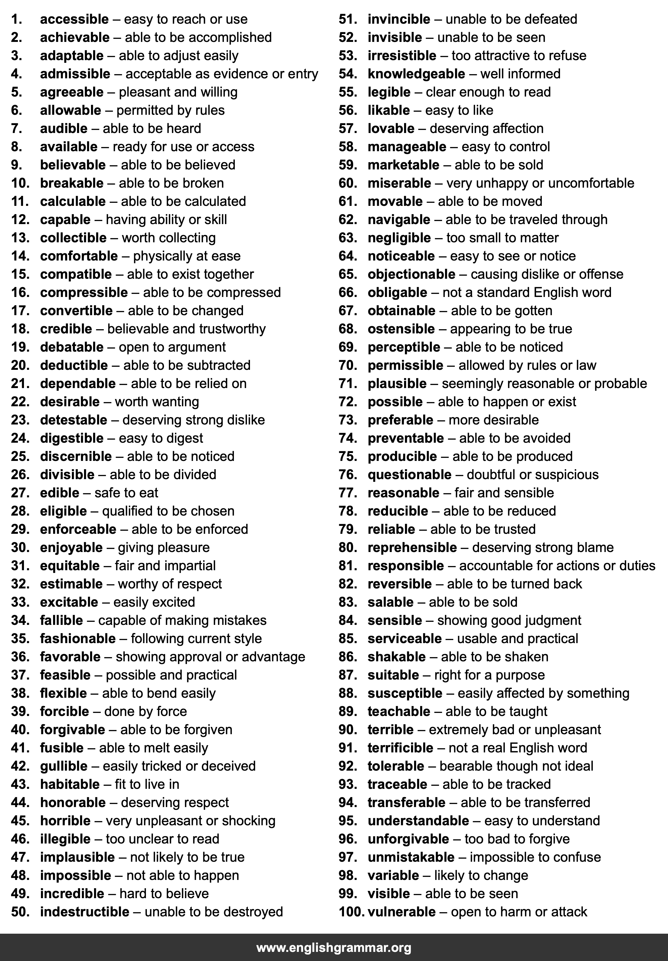 100 Words Ending in -ible