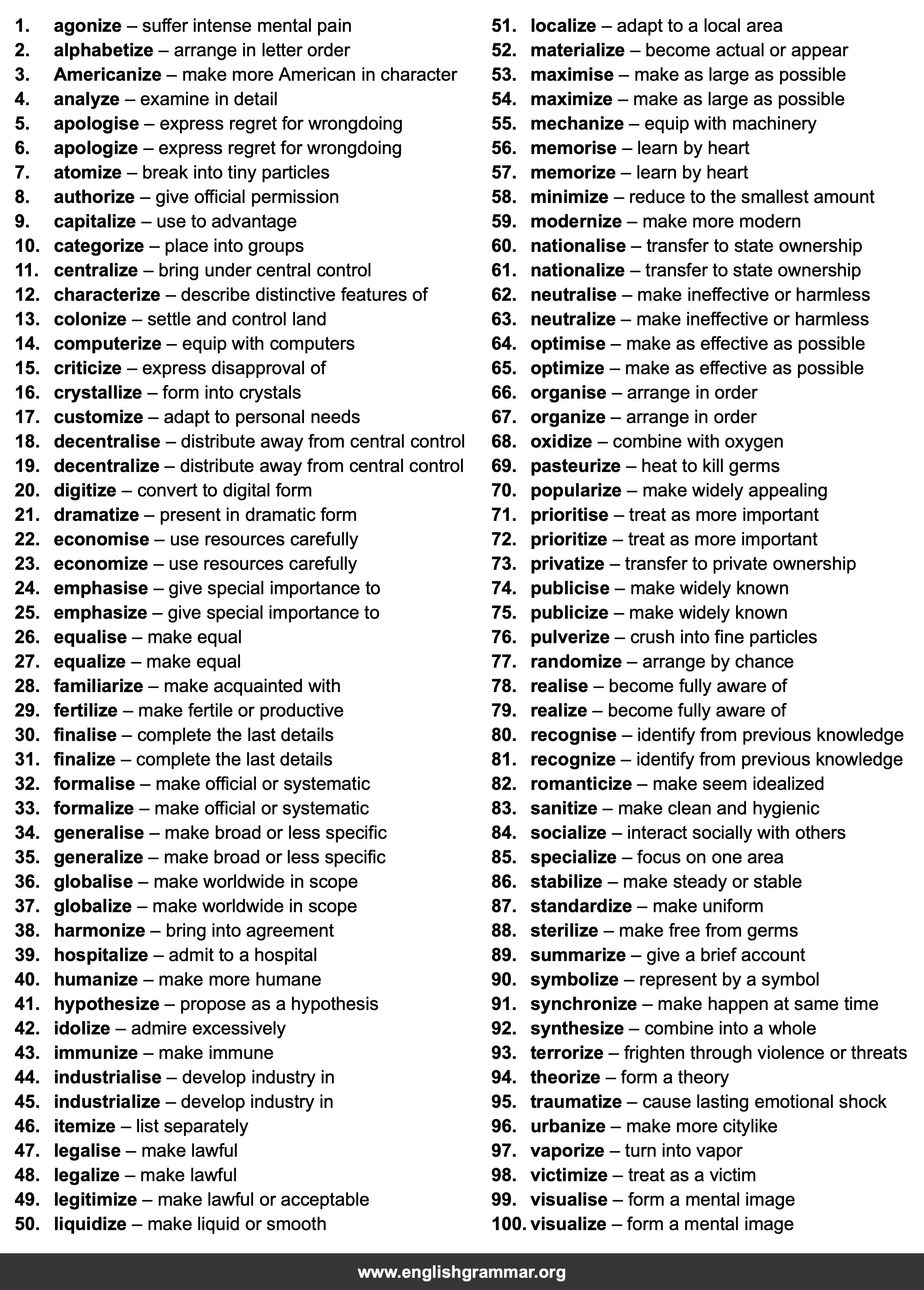 100 Words Ending in -ize