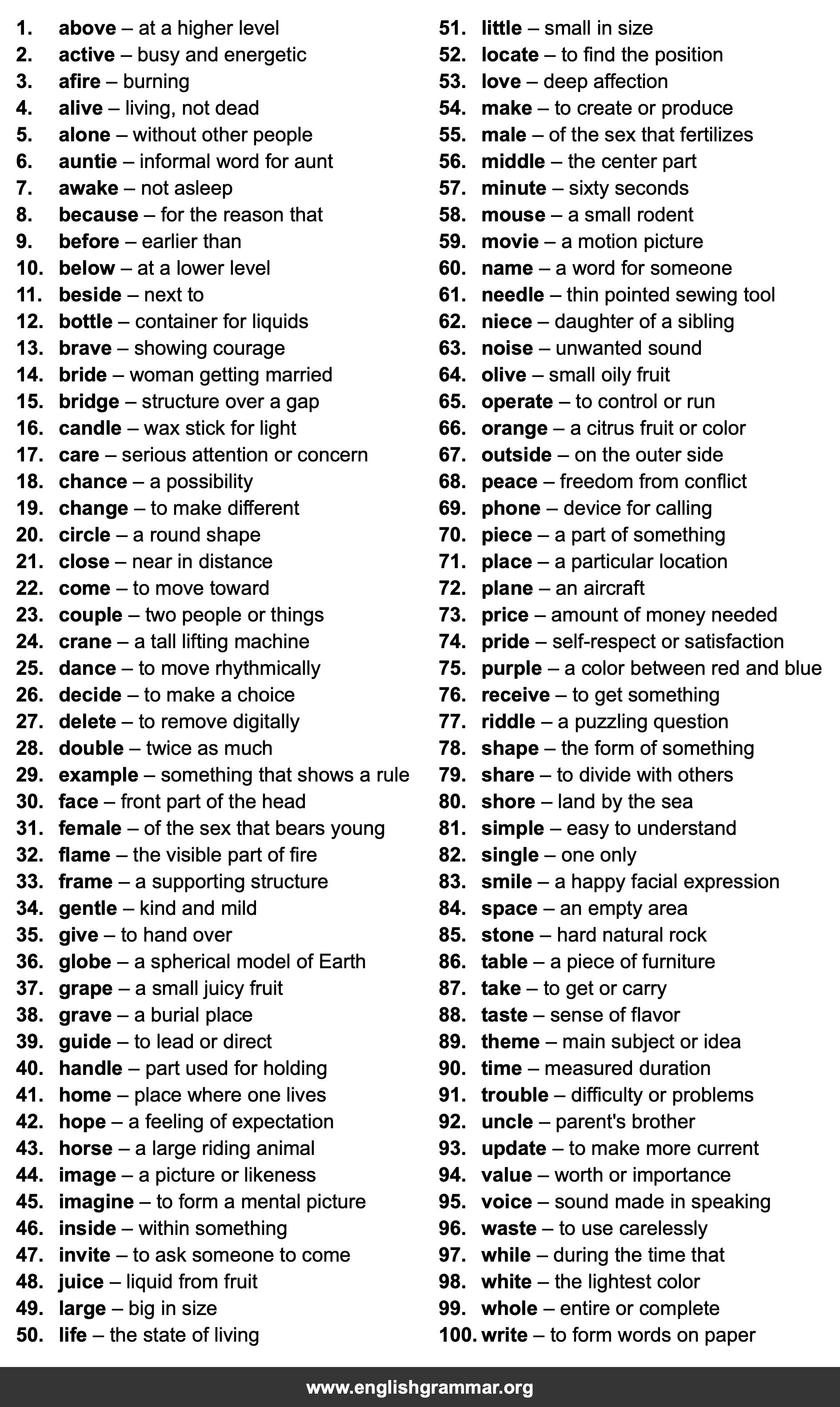 100 Words Ending in Silent E