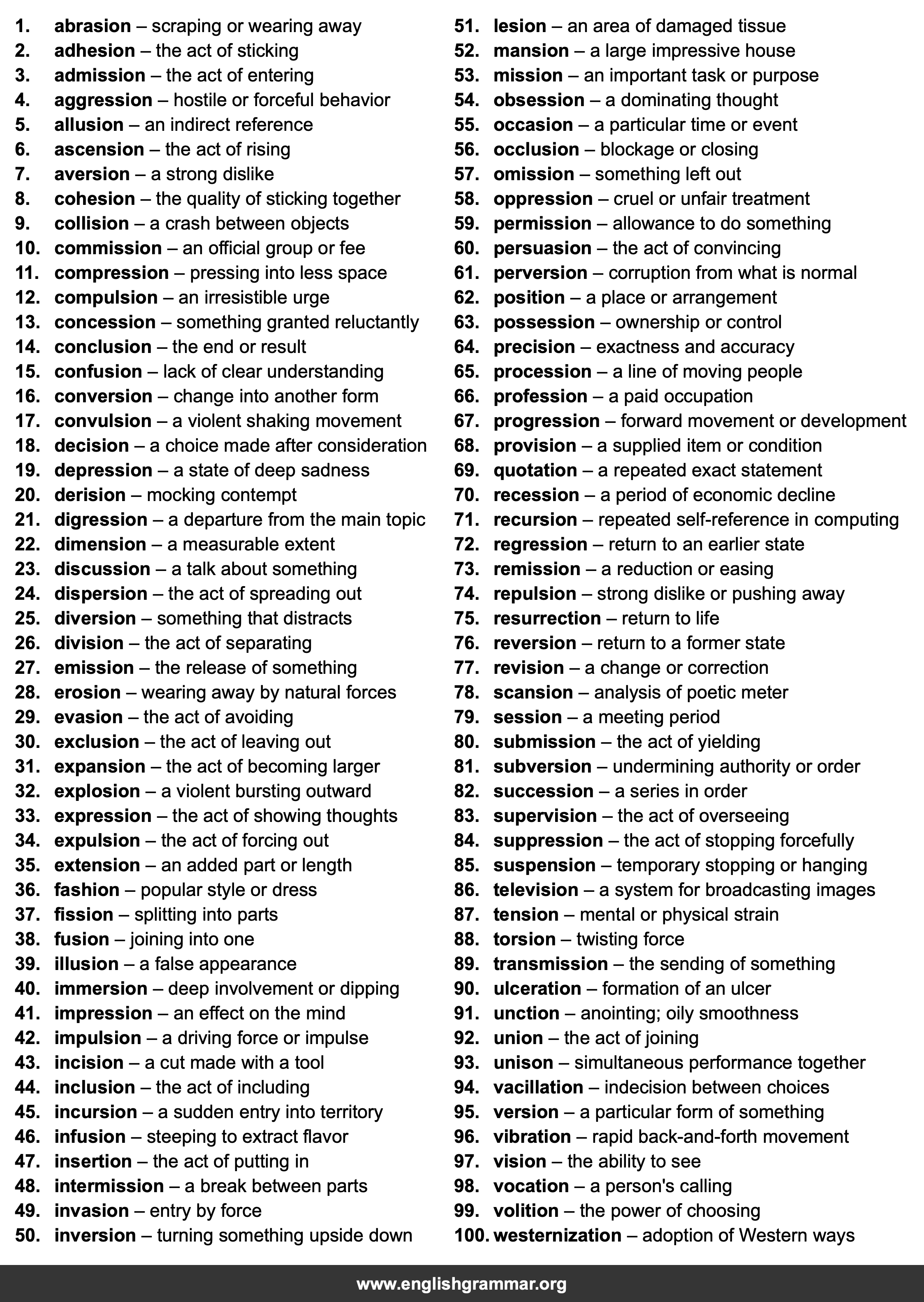 100 Words Ending in -sion