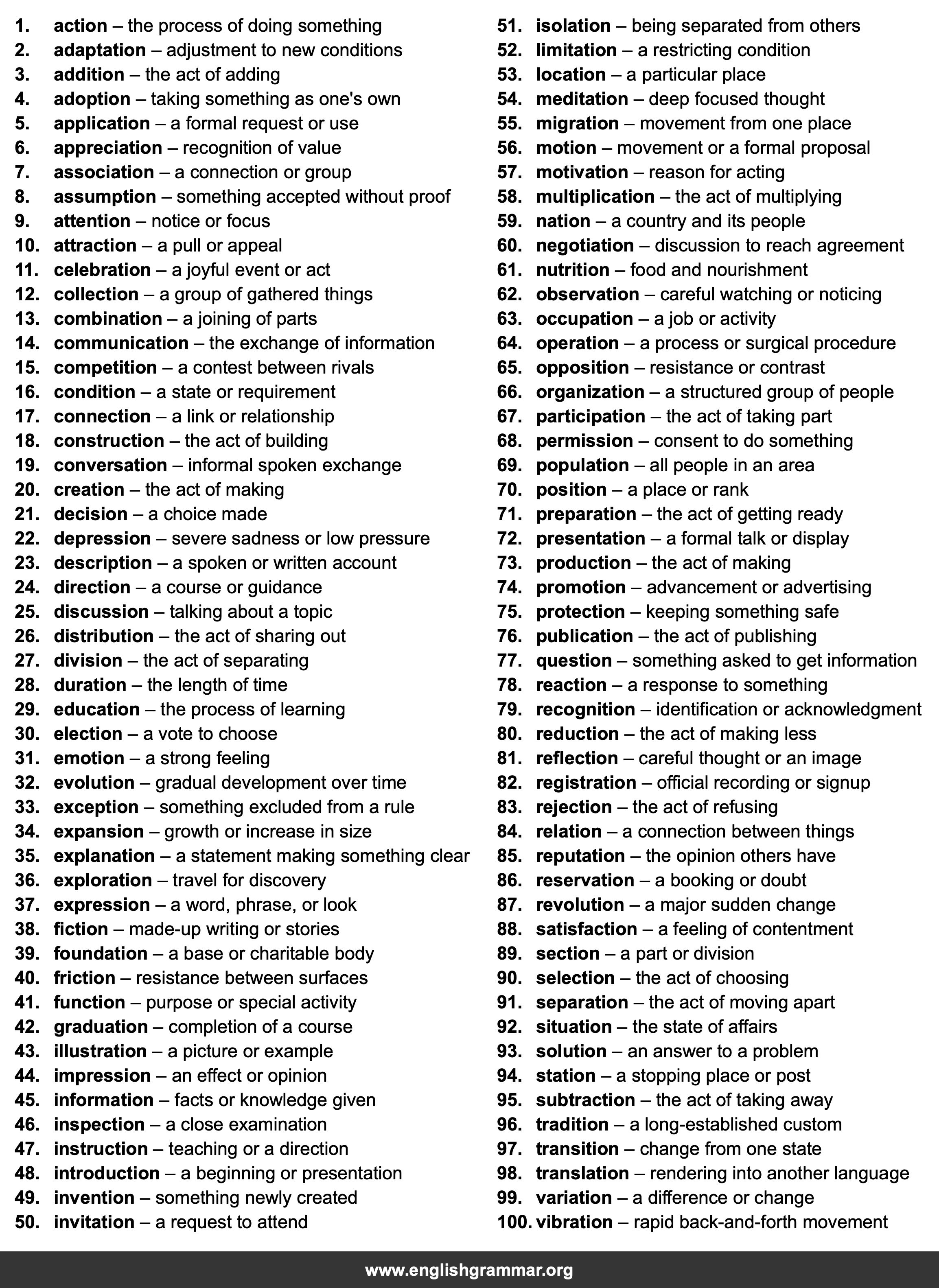 100 Words Ending in -tion