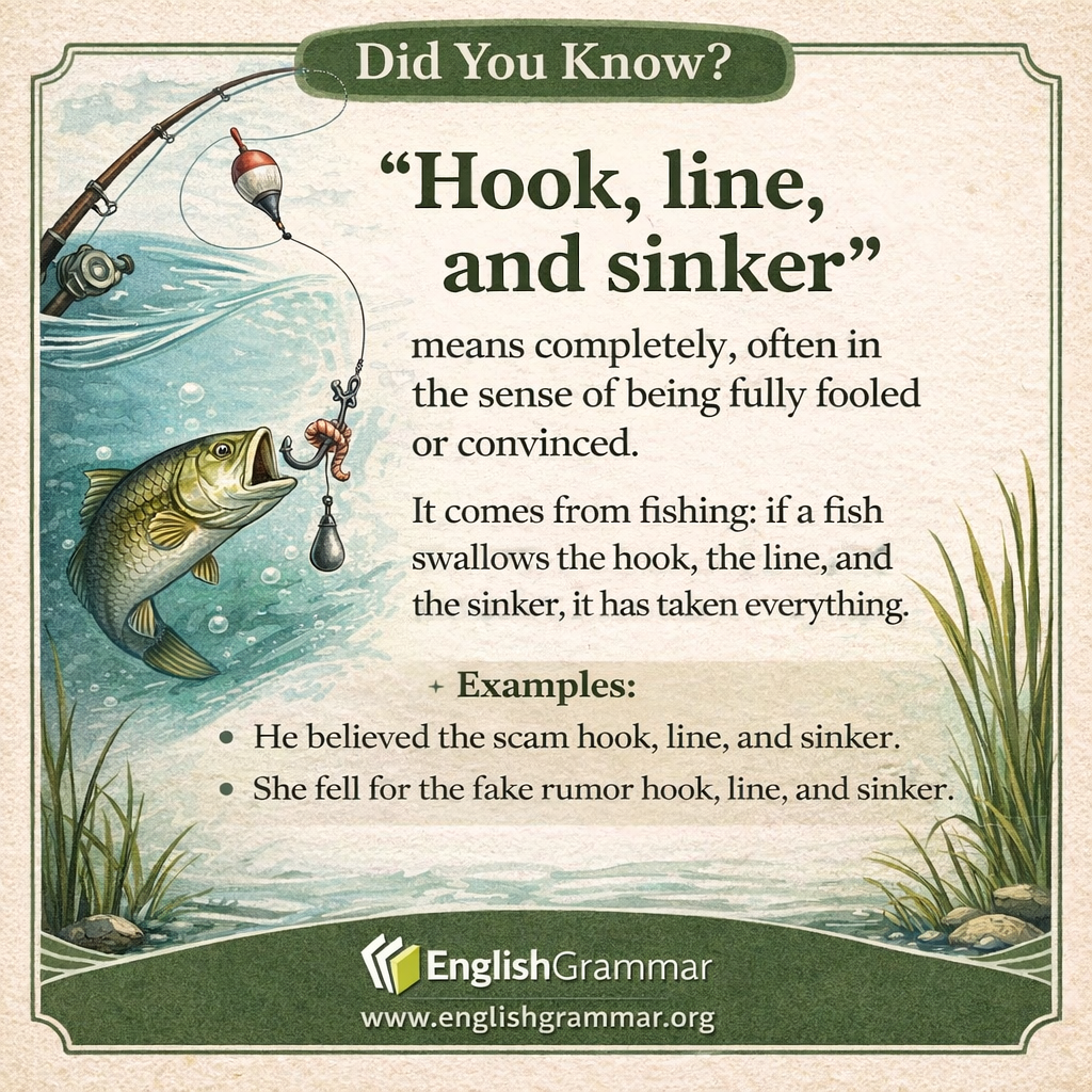 The origin of "hook, line, and sinker"