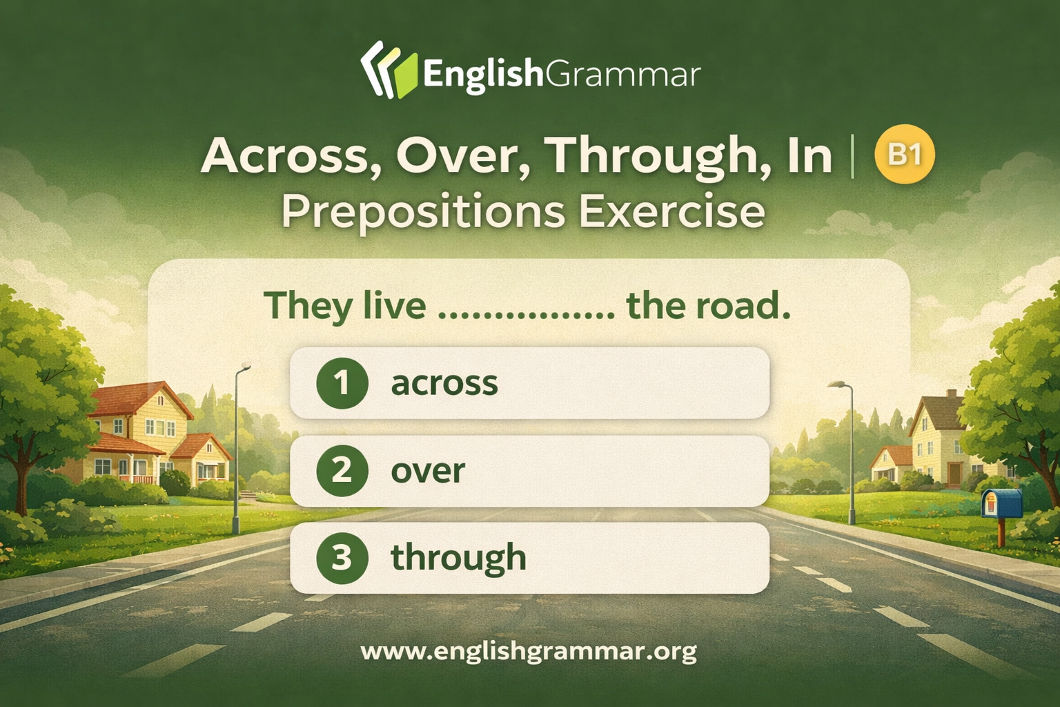 Across, Over, Through, In | Prepositions Exercise