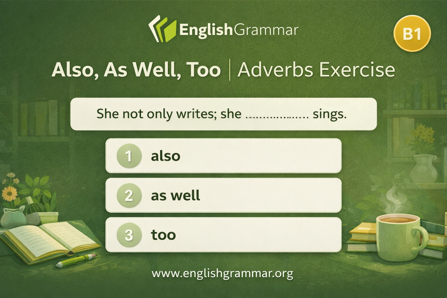 Also, As Well, Too | Adverbs Exercise