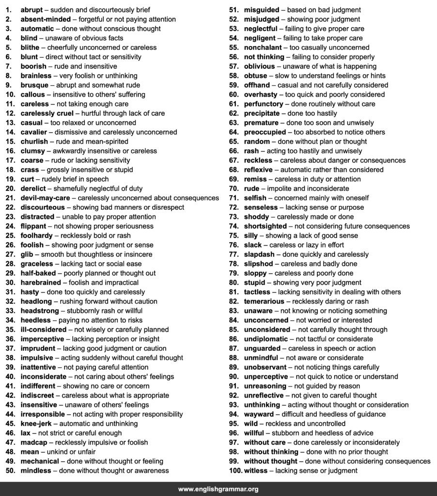 Think Less Synonym 100 Best Synonyms for “Thoughtless”