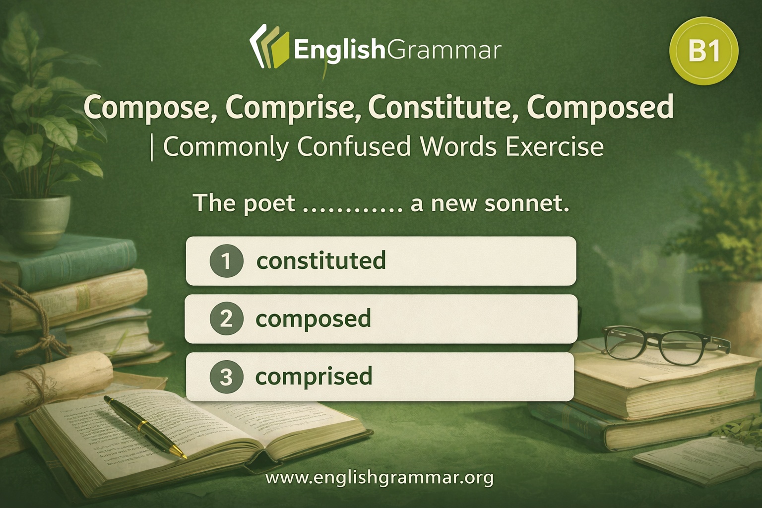 Compose, Comprise, Constitute, Composed | Commonly Confused Words Exercise