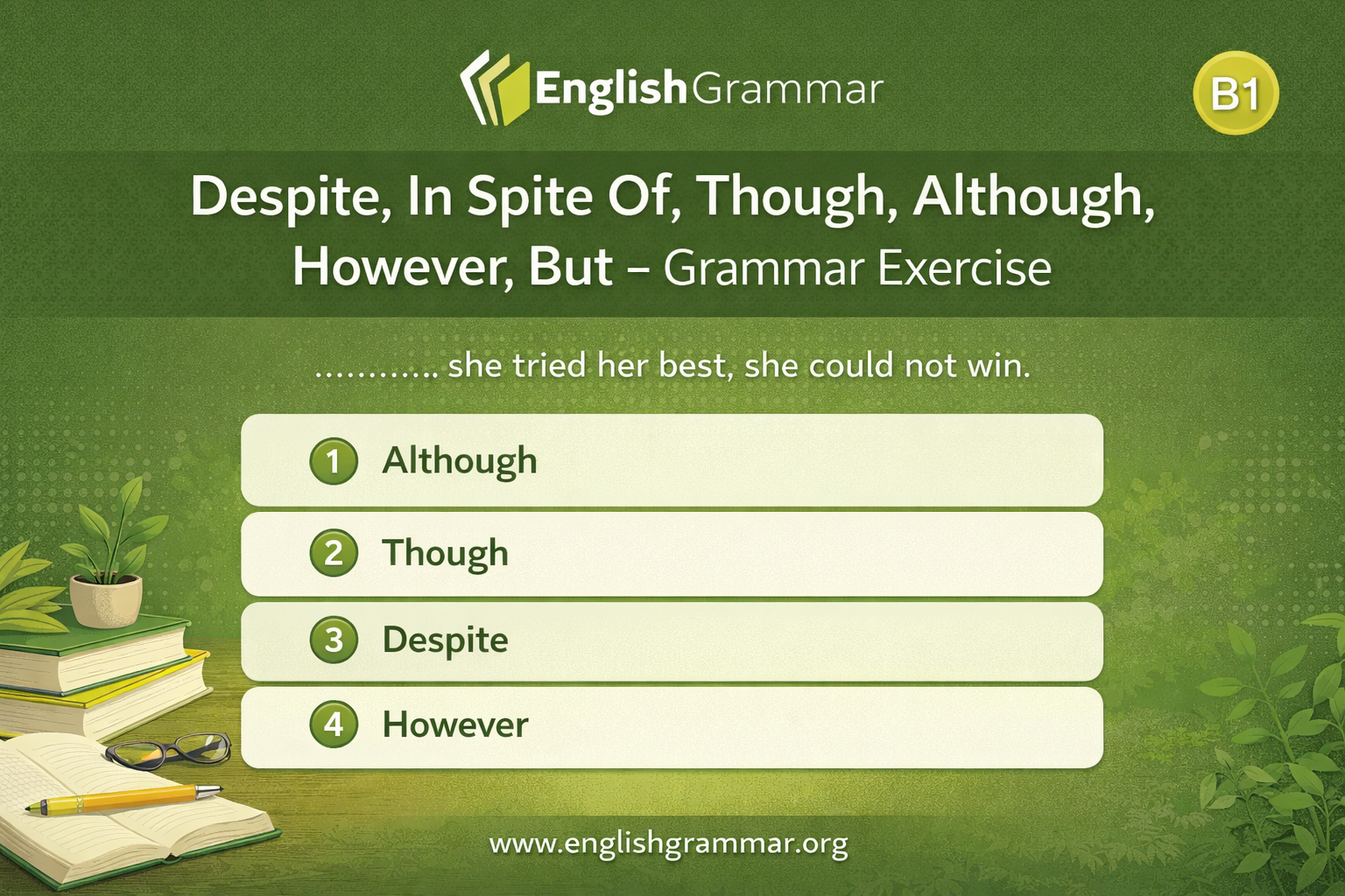 Despite, In Spite Of, Though, Although, However, But – Grammar Exercise