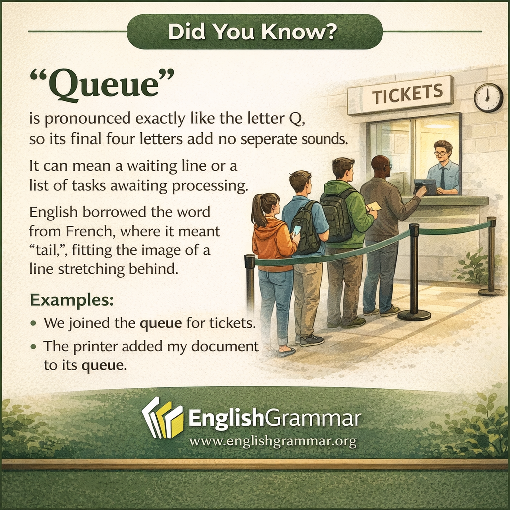"Queue" is just the letter Q followed by four silent letters