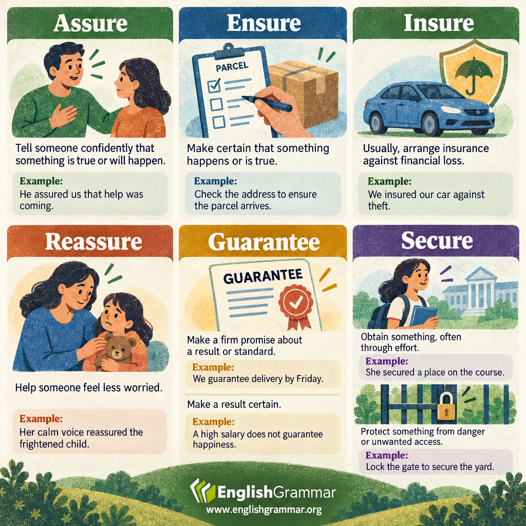 Assure vs. Ensure vs. Insure vs. Reassure vs. Guarantee vs. Secure