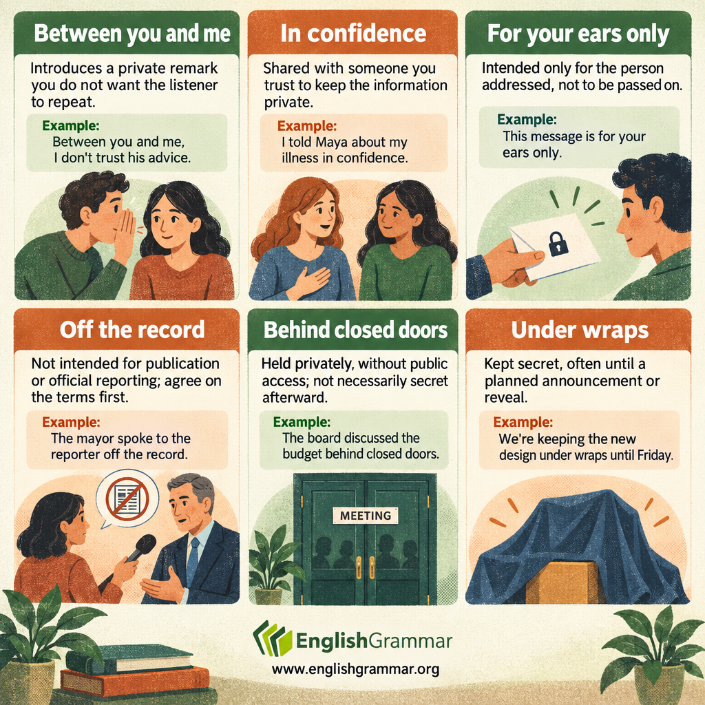 Between you and me vs. In confidence vs. For your ears only vs. Off the record vs. Behind closed doors vs. Under wraps